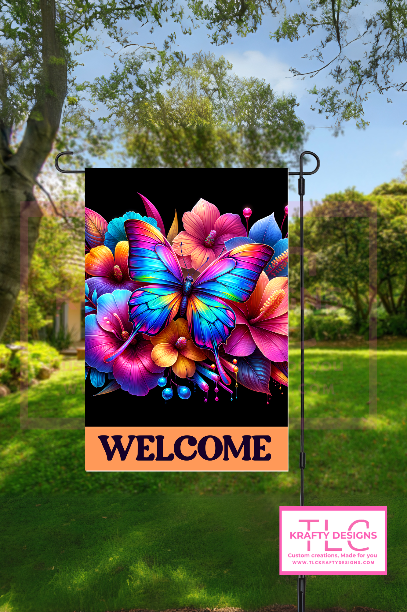 Welcome Butterfly Garden Flag – Vibrant Neon Floral Design for Bold Summer Decor