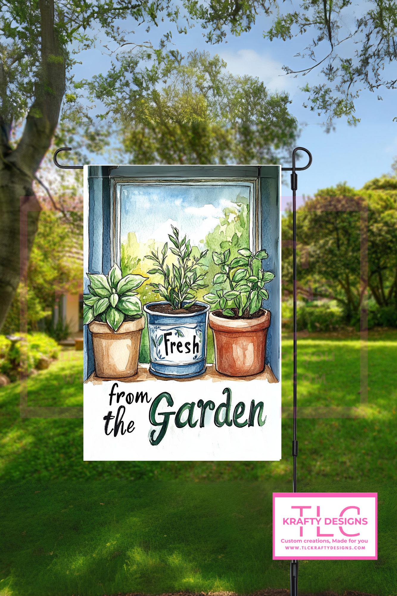 Fresh from the Garden Flag – Potted Herbs on Windowsill Watercolor Outdoor Banner