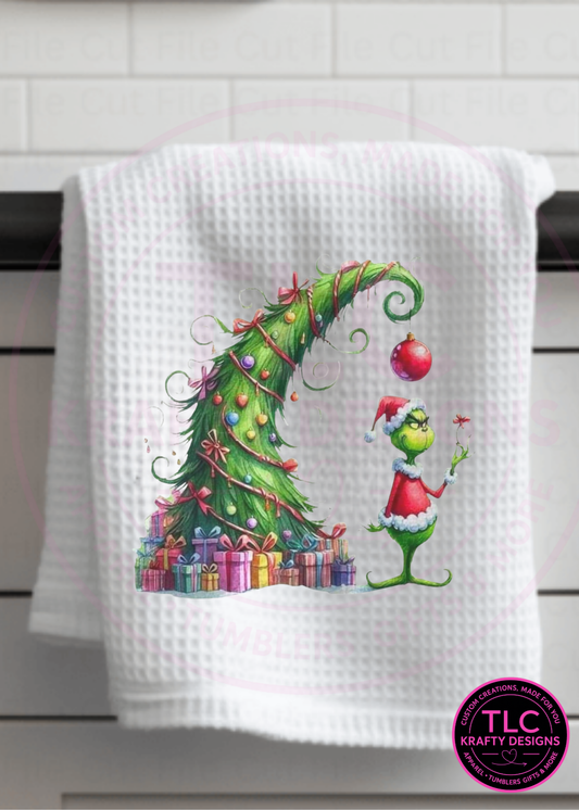 Christmas Towel – Funny Green Character with Curved Tree and Gifts Kitchen Decor 🎄💚