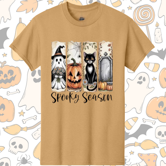 👻 Spooky Season Halloween T-Shirt – Ghost, Pumpkin, Cat & Graveyard Fall Design