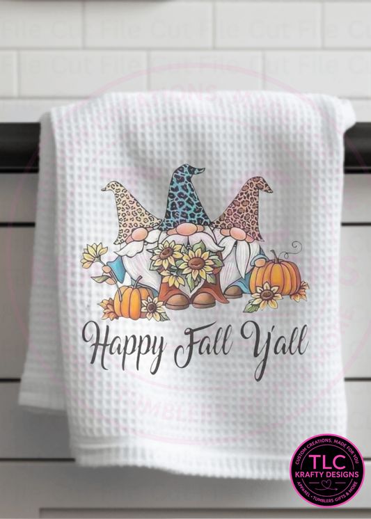 Happy Fall Y’all Gnome Kitchen Towel – Autumn Pumpkins & Sunflowers Farmhouse Decor