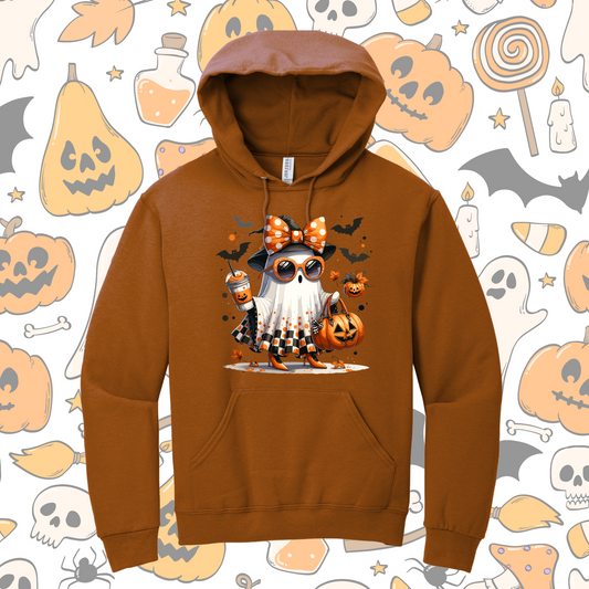 Girly Halloween Ghost Sweatshirt – Cute Fall Ghost with Coffee, Bats, and Pumpkins | Spooky Season Sweatshirt