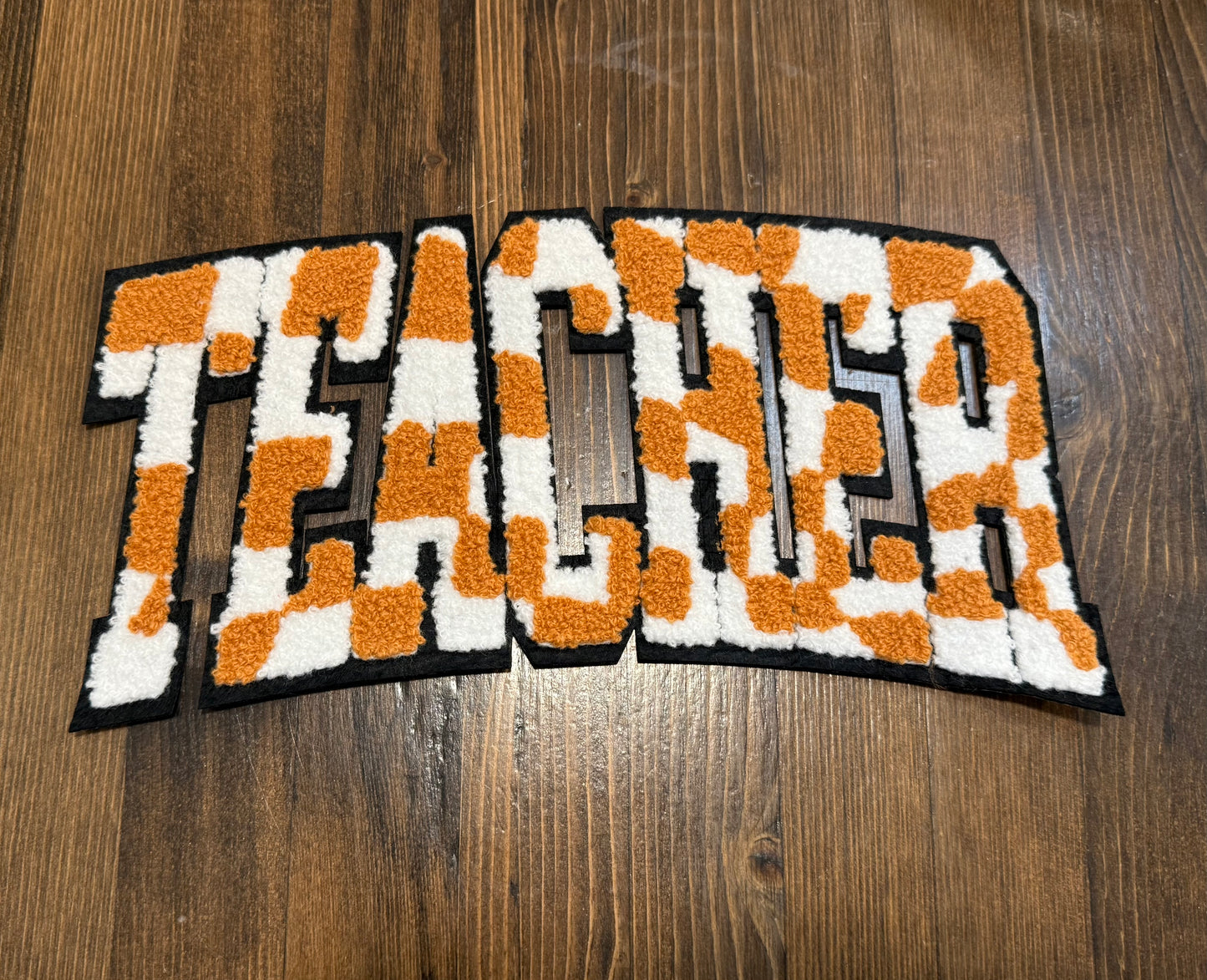 TEACHER Patch – Orange and White Chenille Extra Large Iron-On with Camo Print