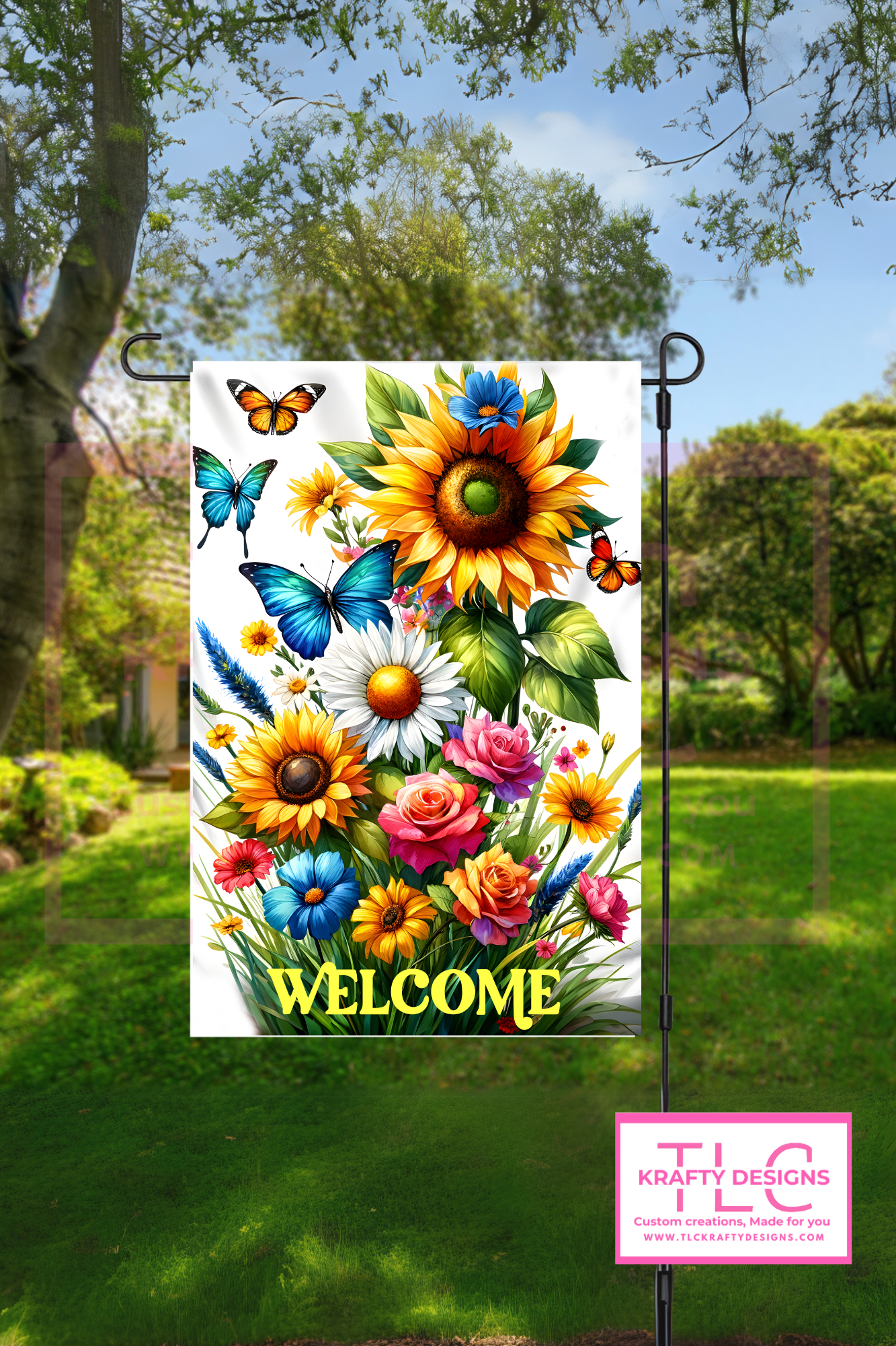 Welcome Garden Flag – Bright Sunflowers, Butterflies, and Blooms Outdoor Banner