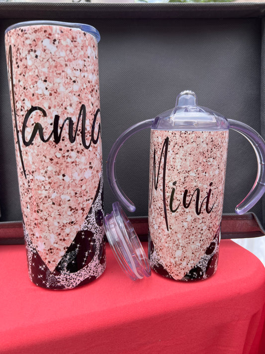Pink and Leopard Print Mama & Mini Tumbler Set (Sippy or Flip Kids Cup)