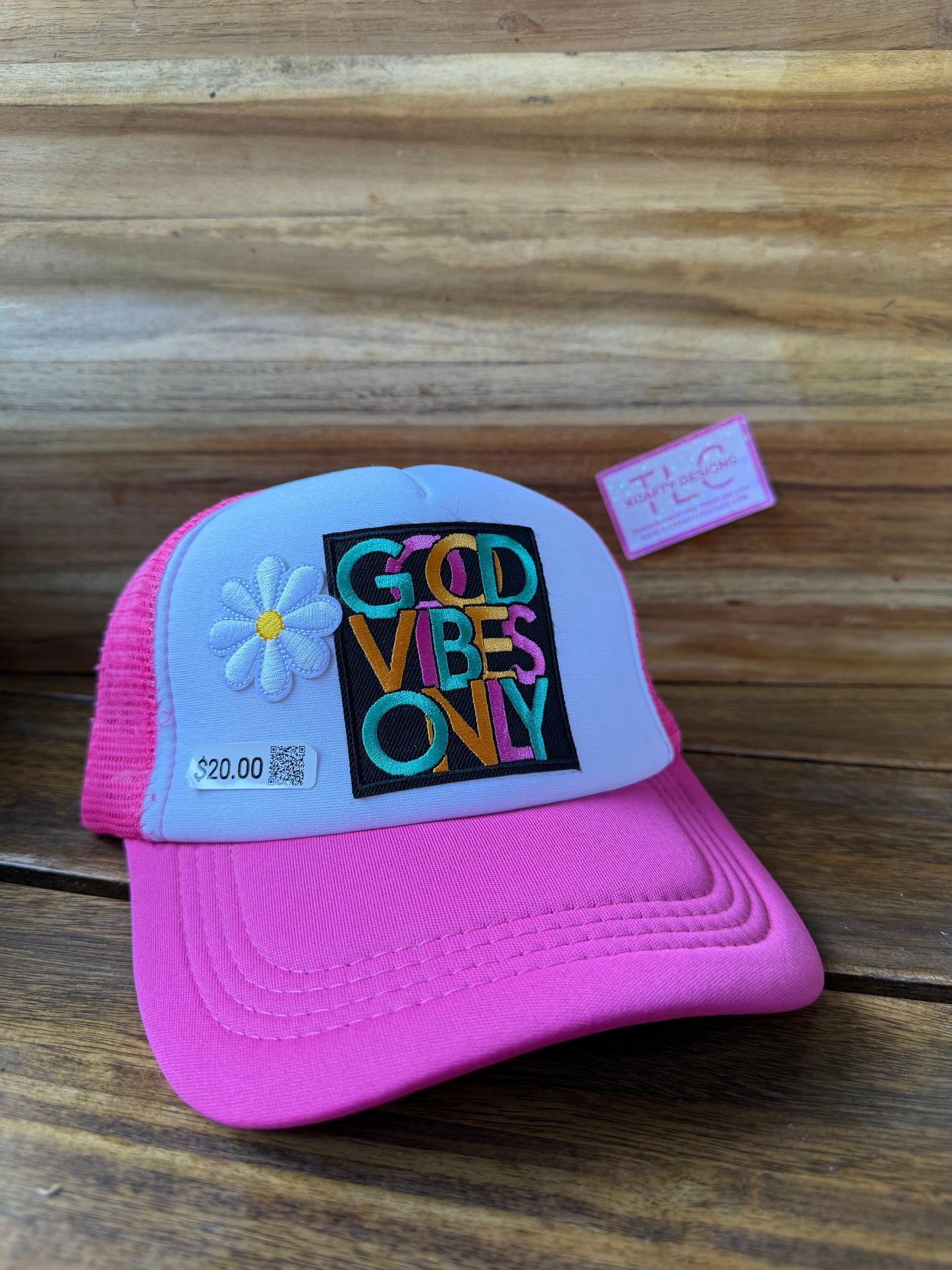 Good Vibes Only Trucker Hat – Hot Pink Mesh with Daisy Patch and Retro Colors