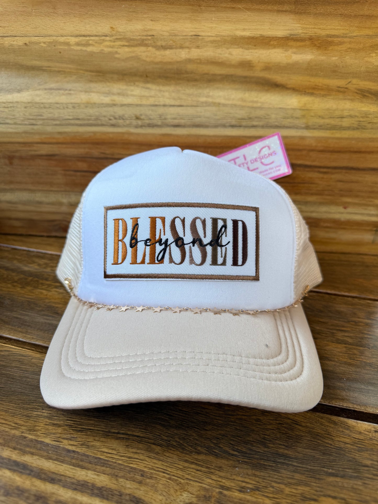Cream Trucker Hat – “Blessed Beyond” Neutral Patch with Star Trim