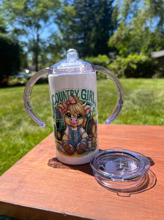 Country Girl Cow With a Pretty Bow 12 oz Kids Sippy or Flip Cup