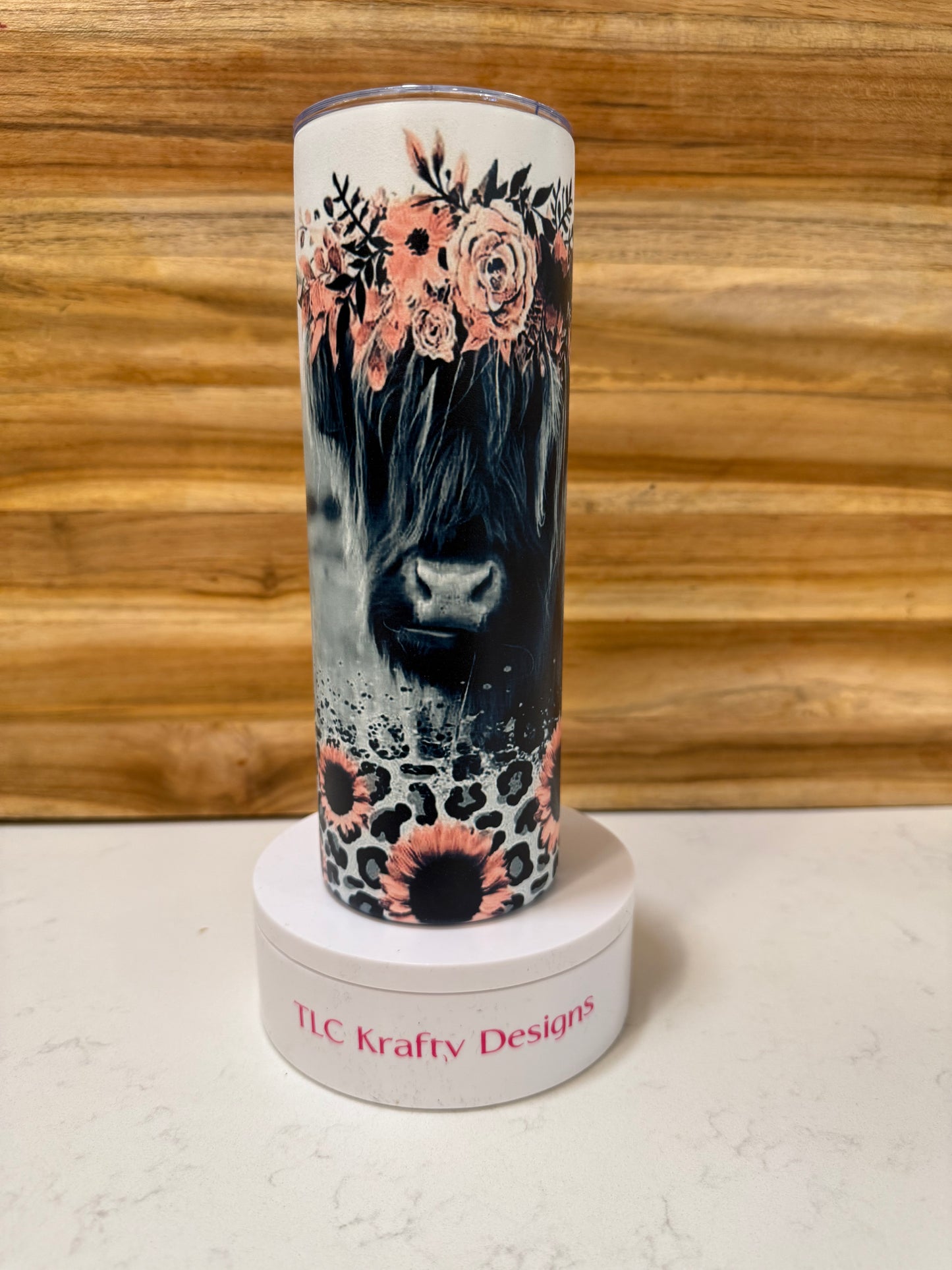 Highland Cow Tumbler with Floral Crown & Sunflowers – Custom Animal Print Drinkware
