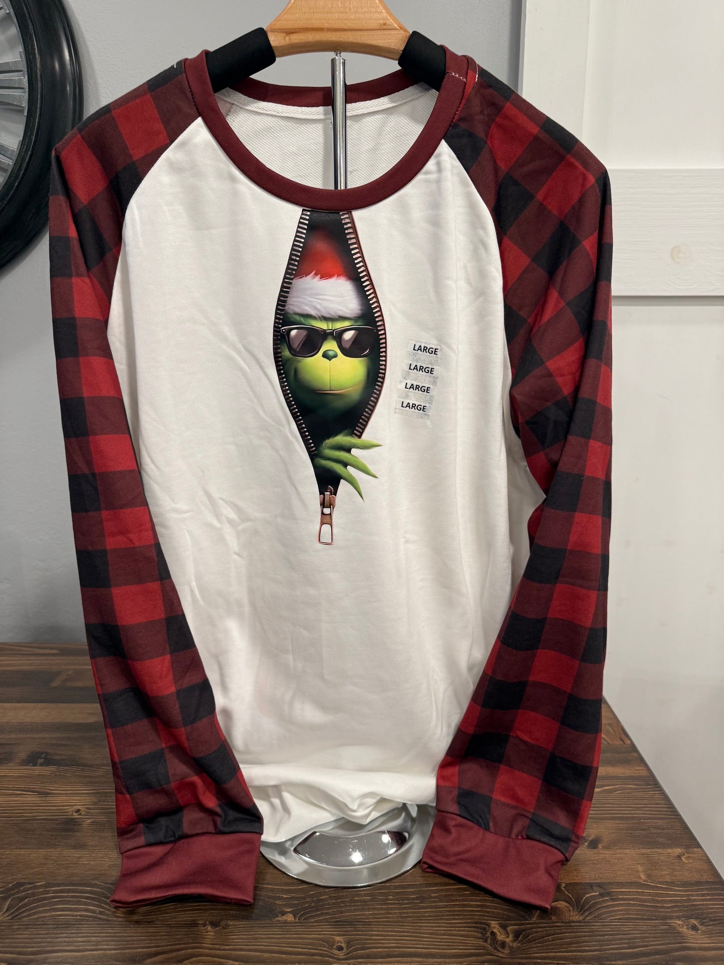 Zip-Up look Green man plaid Christmas Raglan Top– Last Chance