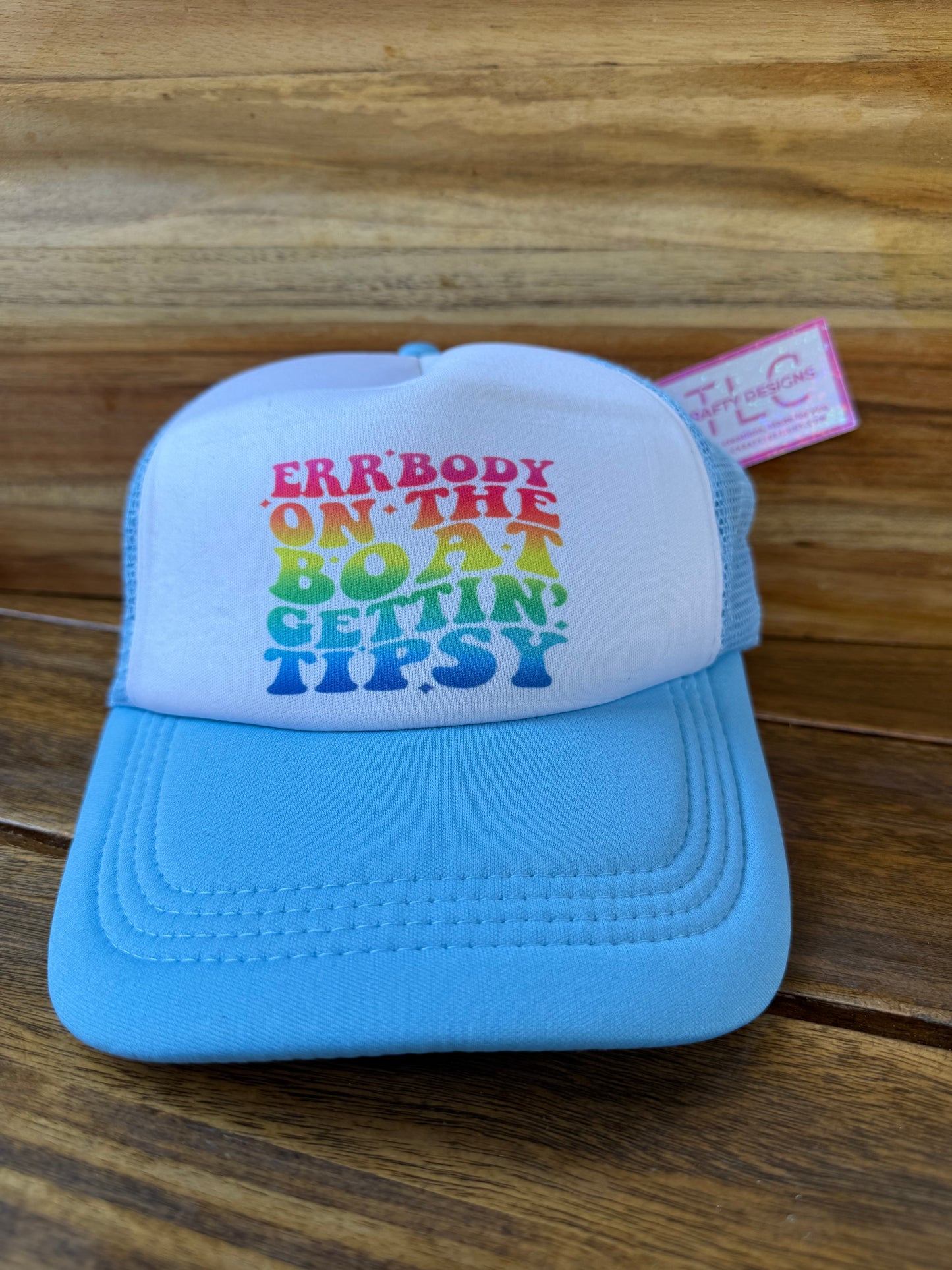 Blue Trucker Hat – “Err’body on the Boat Gettin’ Tipsy” Rainbow Retro Design