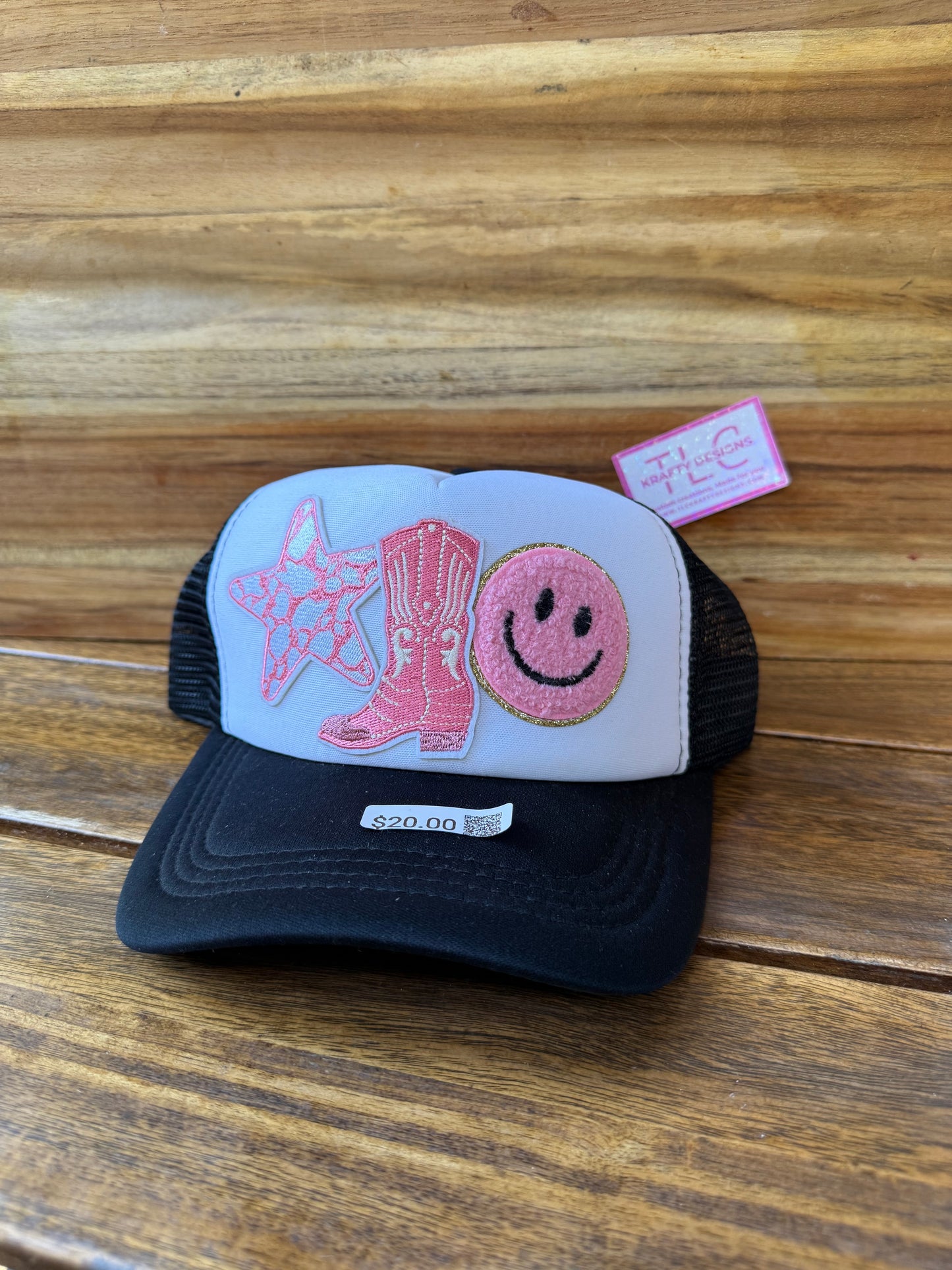 Western Cowgirl Trucker Hat – Pink Star, Boots & Smiley Patch Design