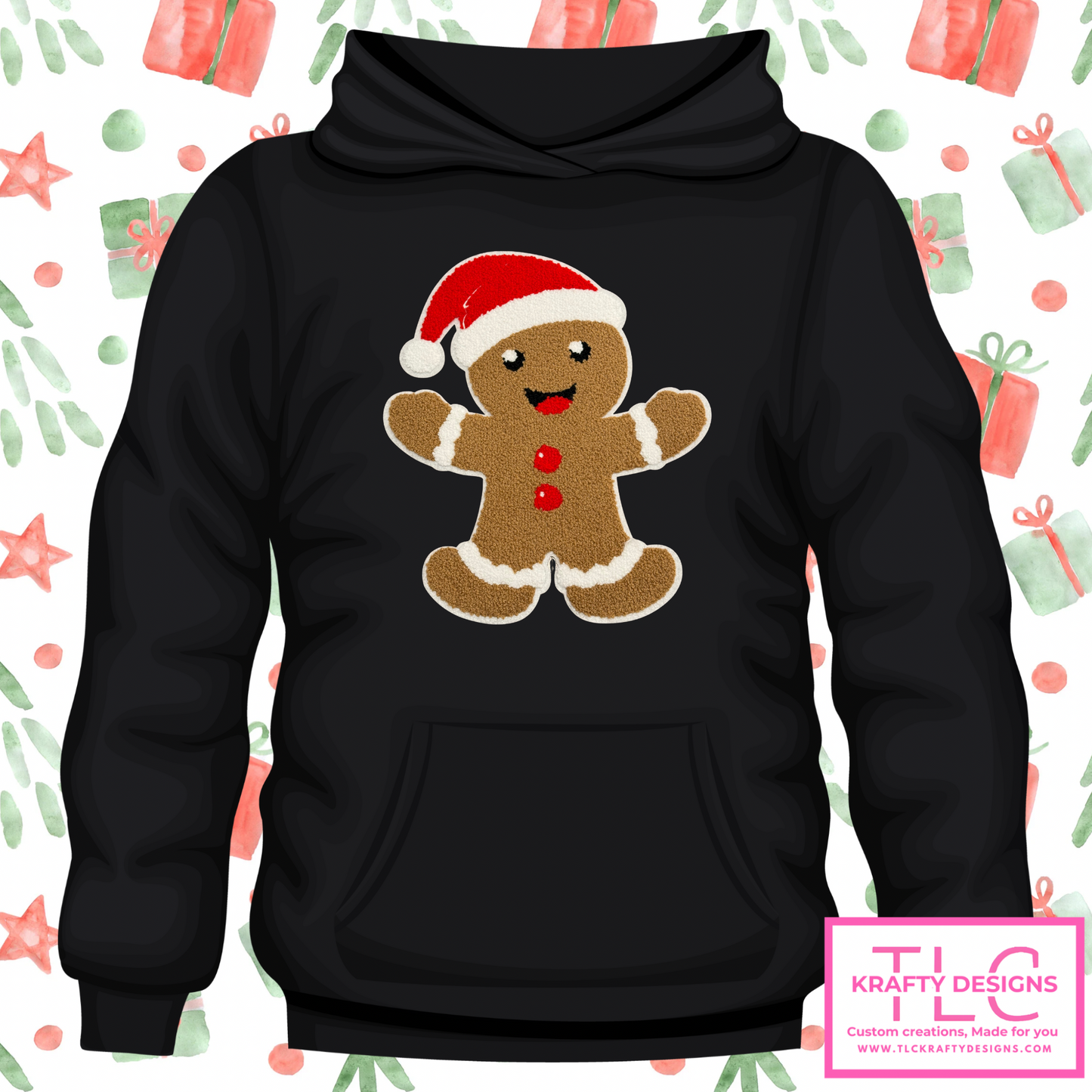 π Gingerbread Man Holiday Hoodie β Chenille Patch with Santa Hat (Sβ4XL)