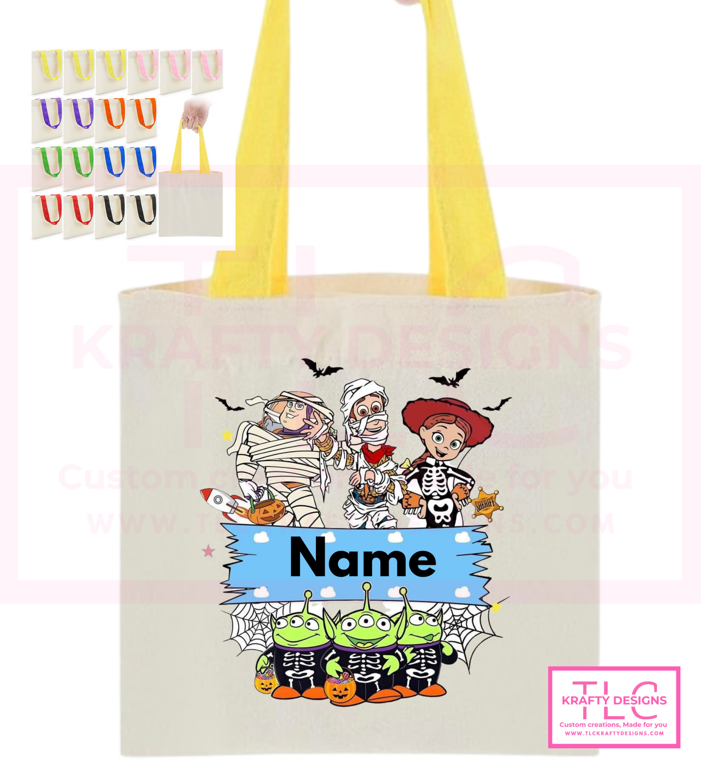 Custom Halloween Trick-or-Treat Tote Bags β Personalized Kids Candy Bags in Fun Character Designs