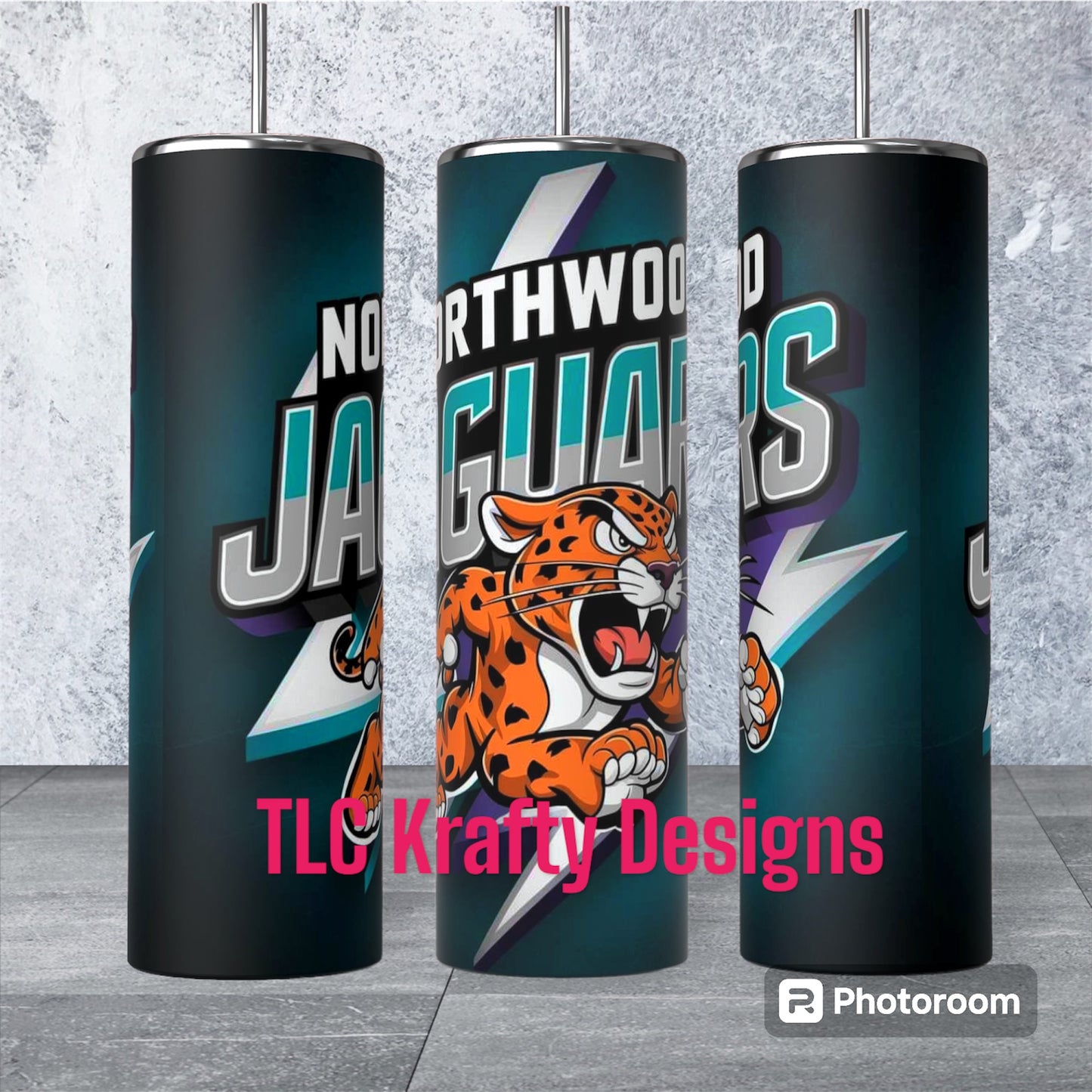 Northwood Middle School Glow in the dark Jaguar’s teal Logo Sublimation 20oz. Skinny tumbler
