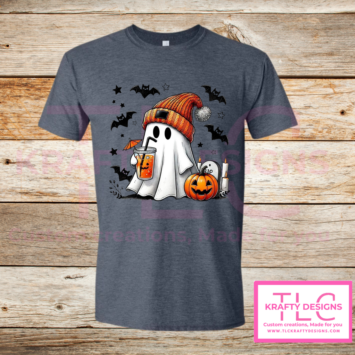 Cozy Ghost Halloween Tee – Fall Drink & Pumpkin Shirt in Fun Colors
