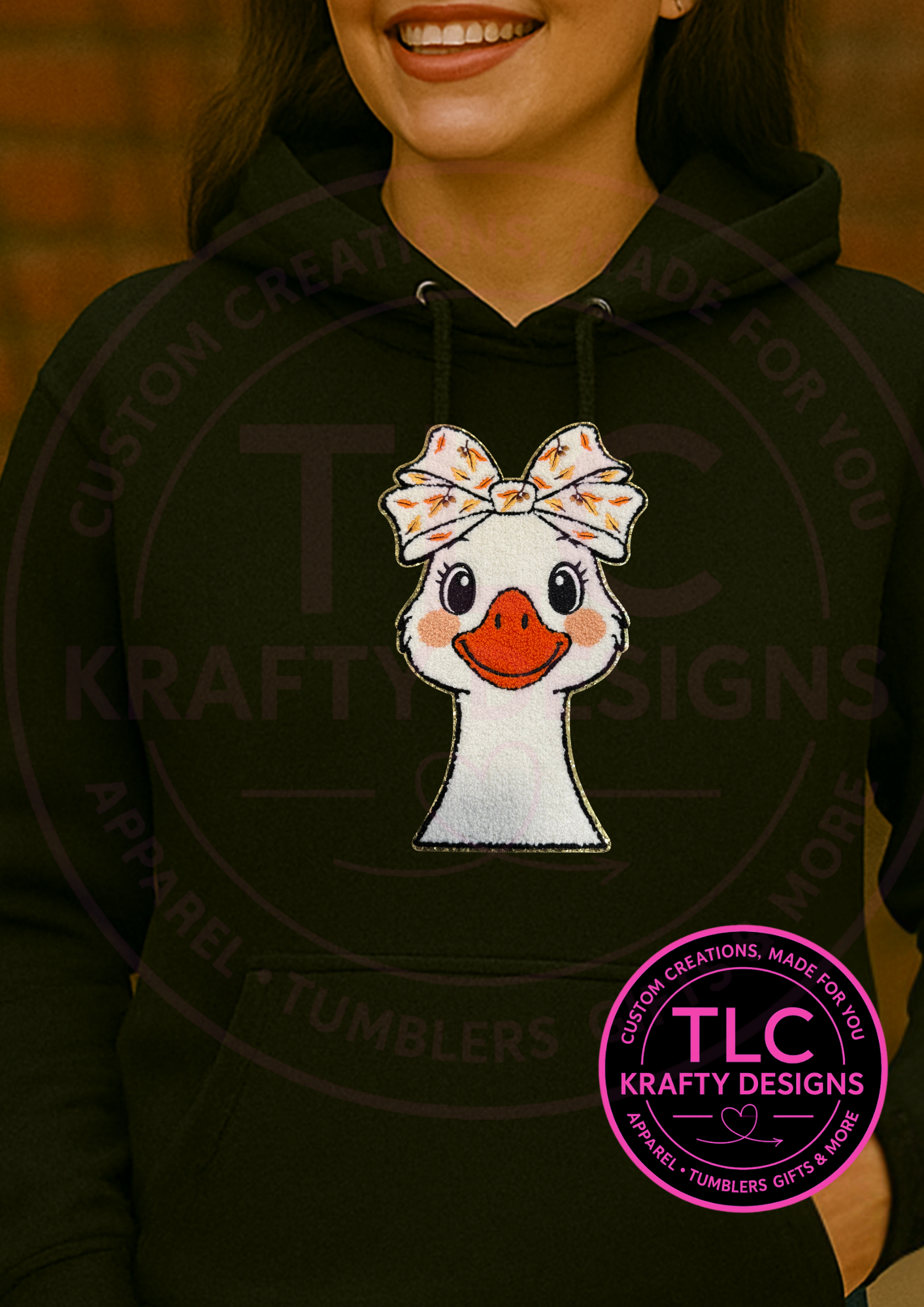 Fall Goose Hoodie β Sweatshirt with Chenille Goose Patch and Autumn Bow