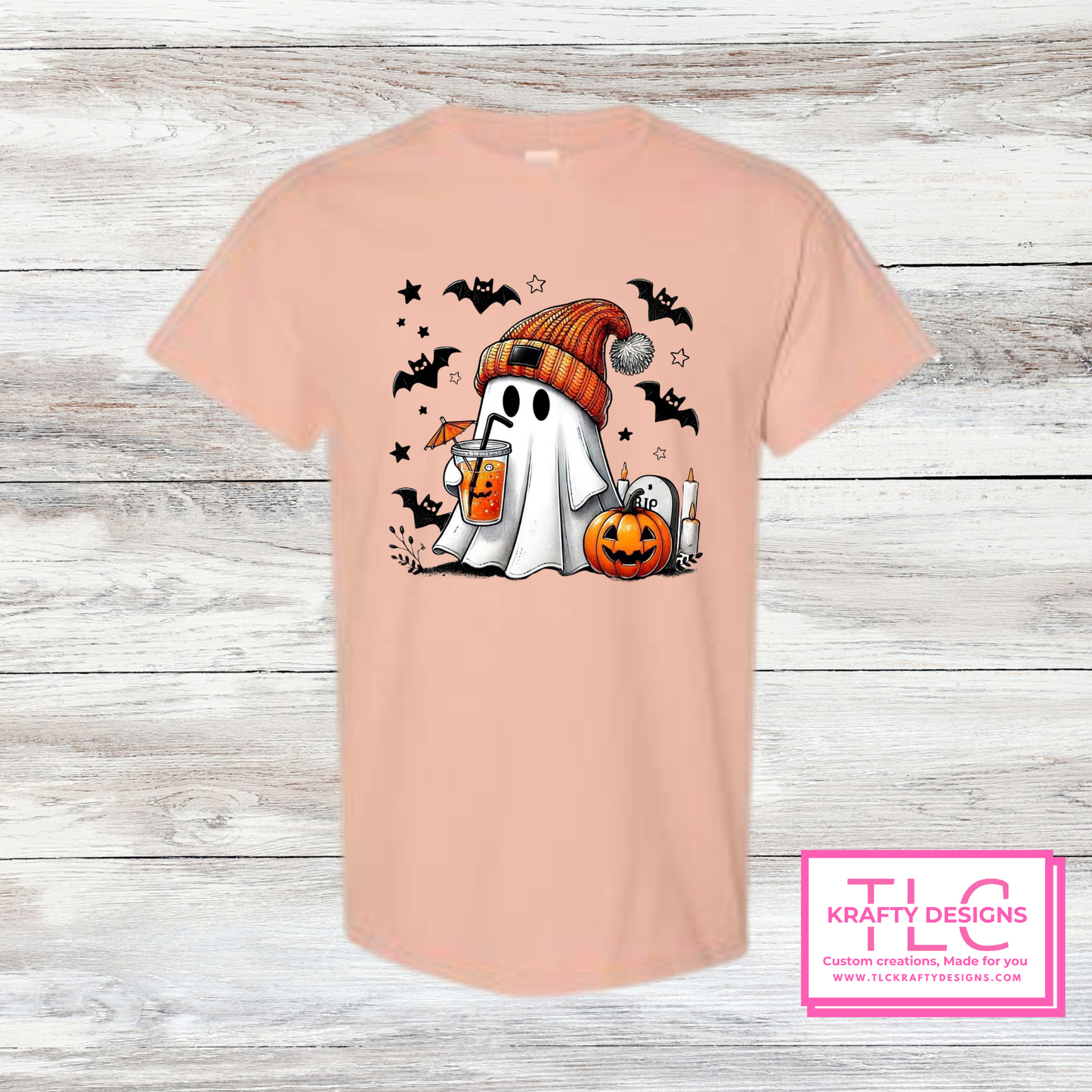 Cozy Ghost Halloween Tee – Fall Drink & Pumpkin Shirt in Fun Colors