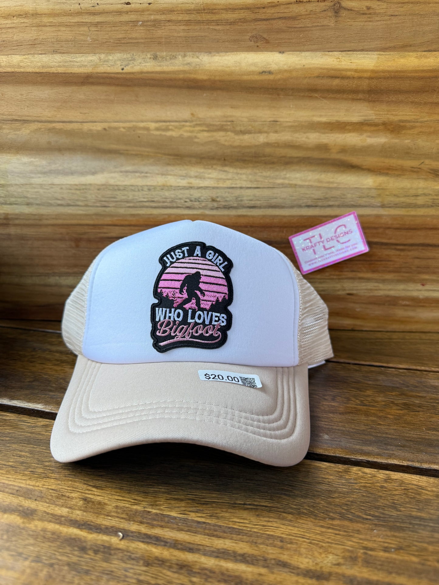 Just a Girl Who Loves Bigfoot Trucker Hat – Tan Mesh with Pink Sunset Patch