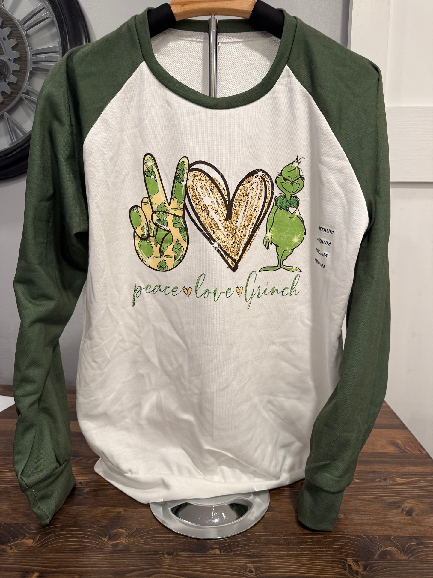 Peace Love Grinch Raglan Christmas top– Last Chance