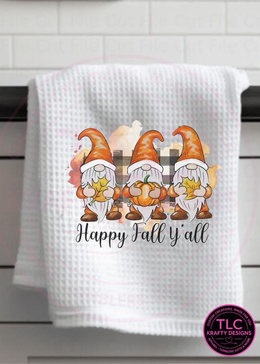 Happy Fall Y’all Gnome Towel – Autumn Kitchen Decor with Pumpkins, Leaves & Buffalo Plaid