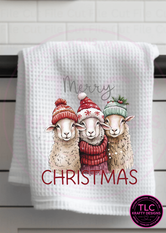 Merry Christmas Sheep Trio Towel – Cozy Farmhouse Holiday Kitchen Decor