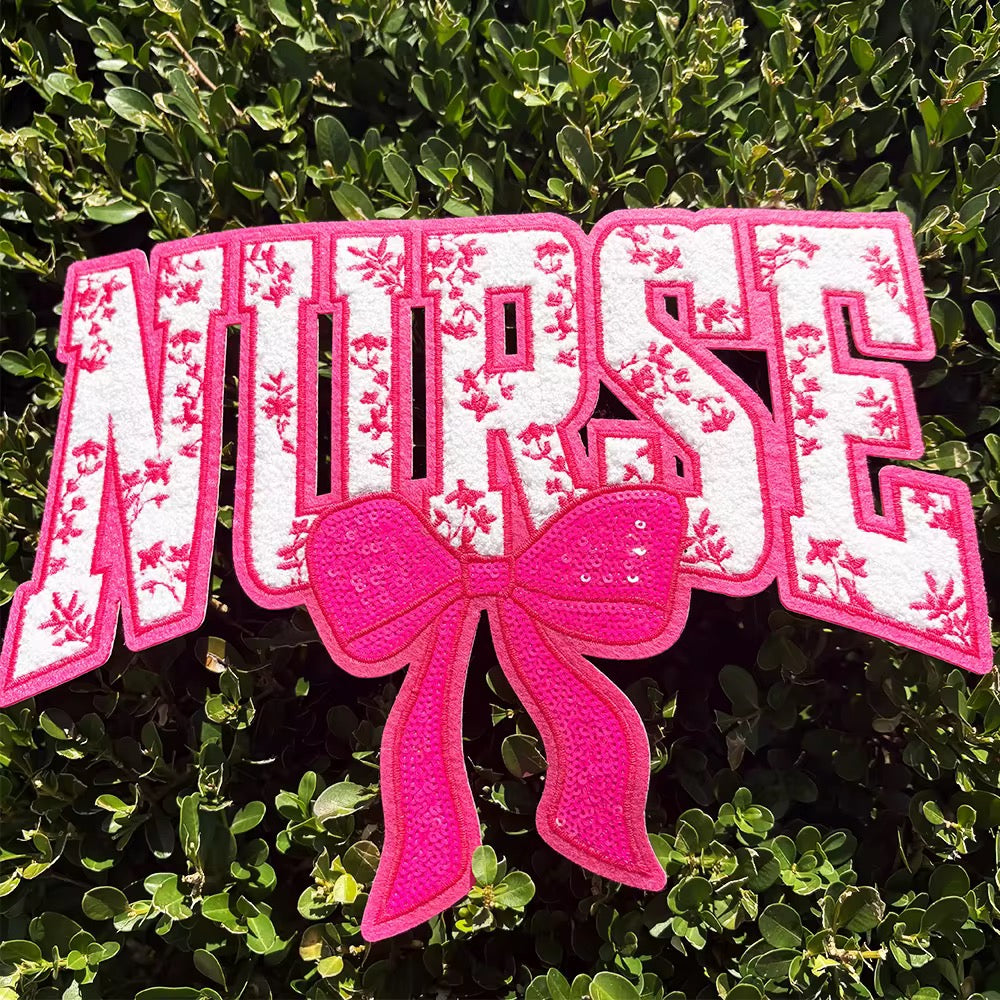 XL Nurse Chenille Patch With Sequin Bow Red – Healthcare Iron-On / Sew-On Appliqué CK