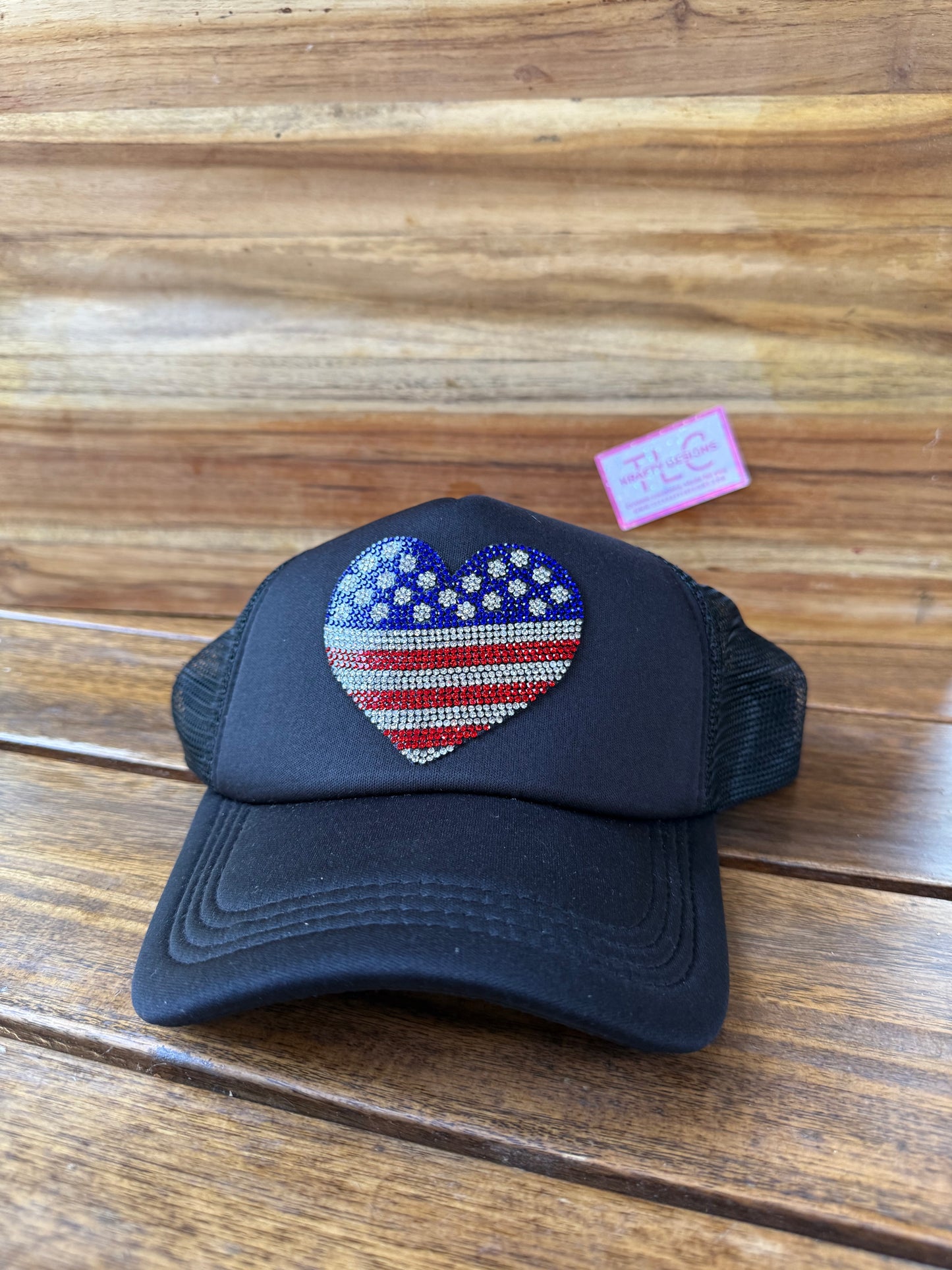 Black Trucker Hat – Patriotic American Flag Heart with Rhinestones