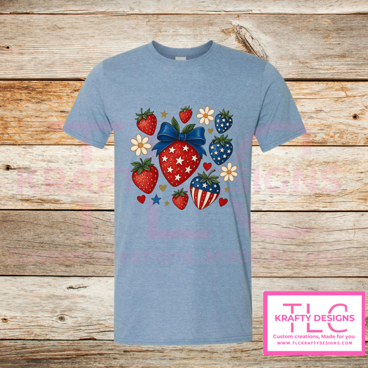 Patriotic Strawberry Tee – Red, White & Blue Summer Style