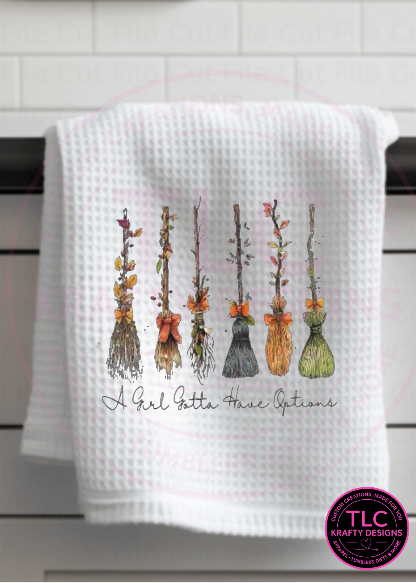 Witchy Broom Options Towel – “A Girl Gotta Have Options” Halloween & Fall Kitchen Decor