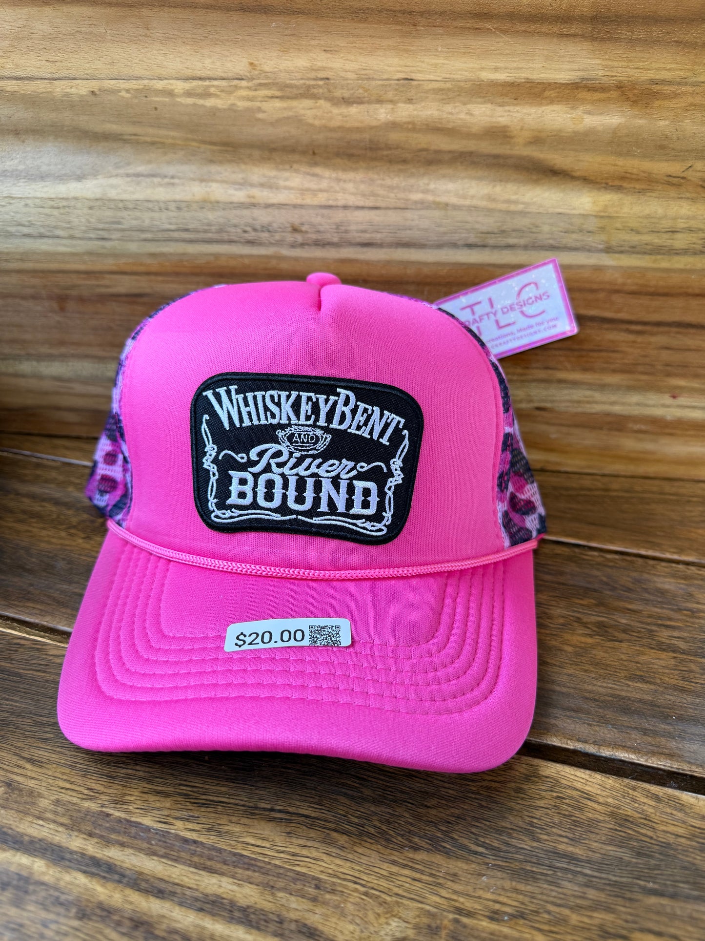 Hot Pink Trucker Hat – “Whiskey Bent and River Bound” with Leopard Mesh Back