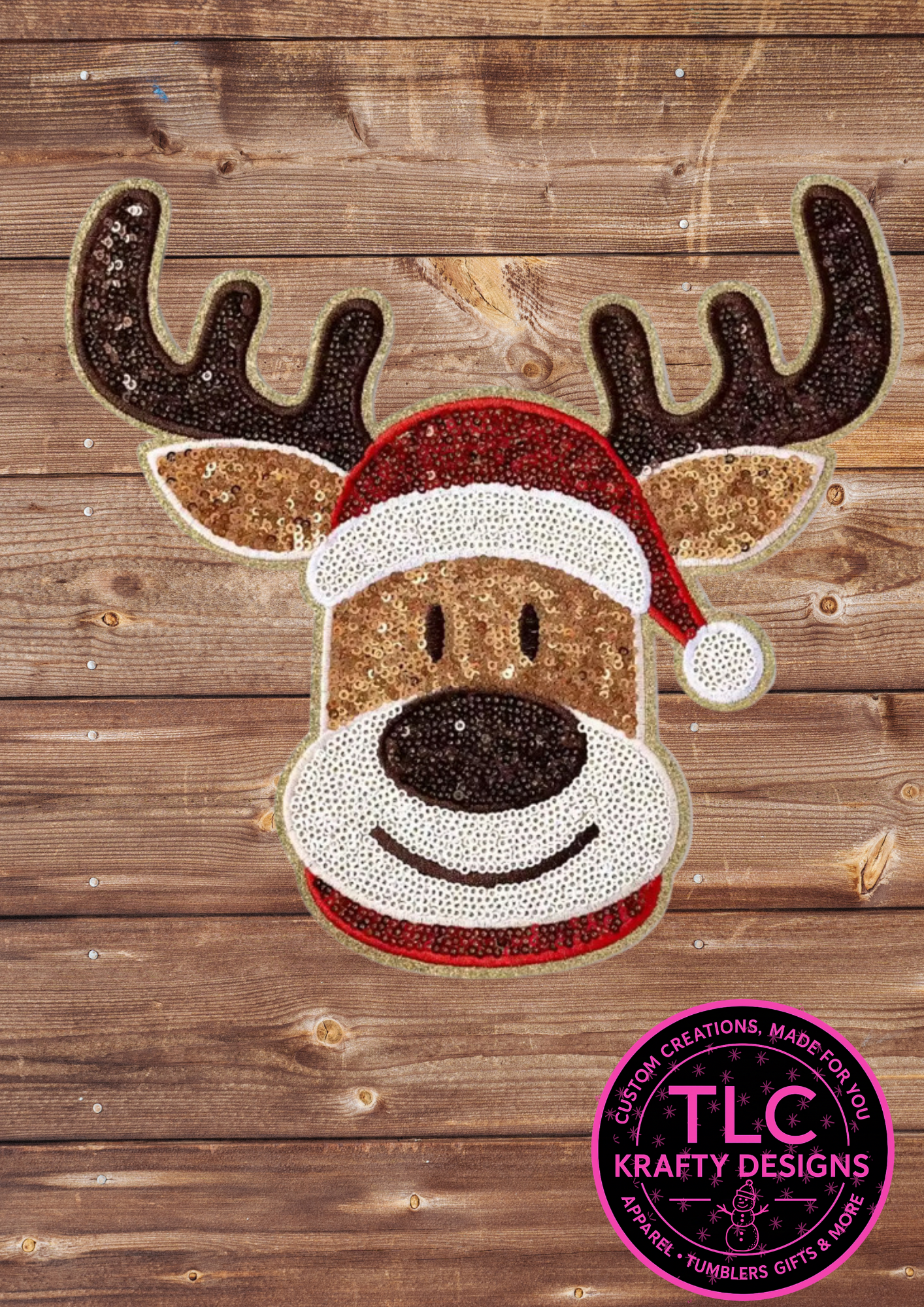Sequin Reindeer Christmas Patch – Sparkly Holiday Applique with Santa Hat, Perfect for DIY Shirts, Hoodies, and Holiday Crafts preorder