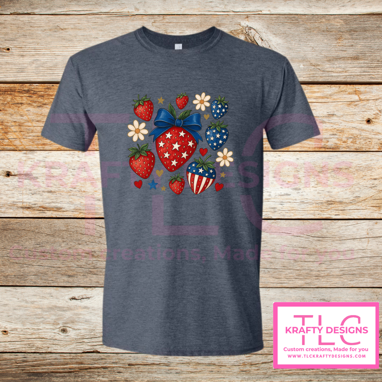 Patriotic Strawberry Tee – Red, White & Blue Summer Style