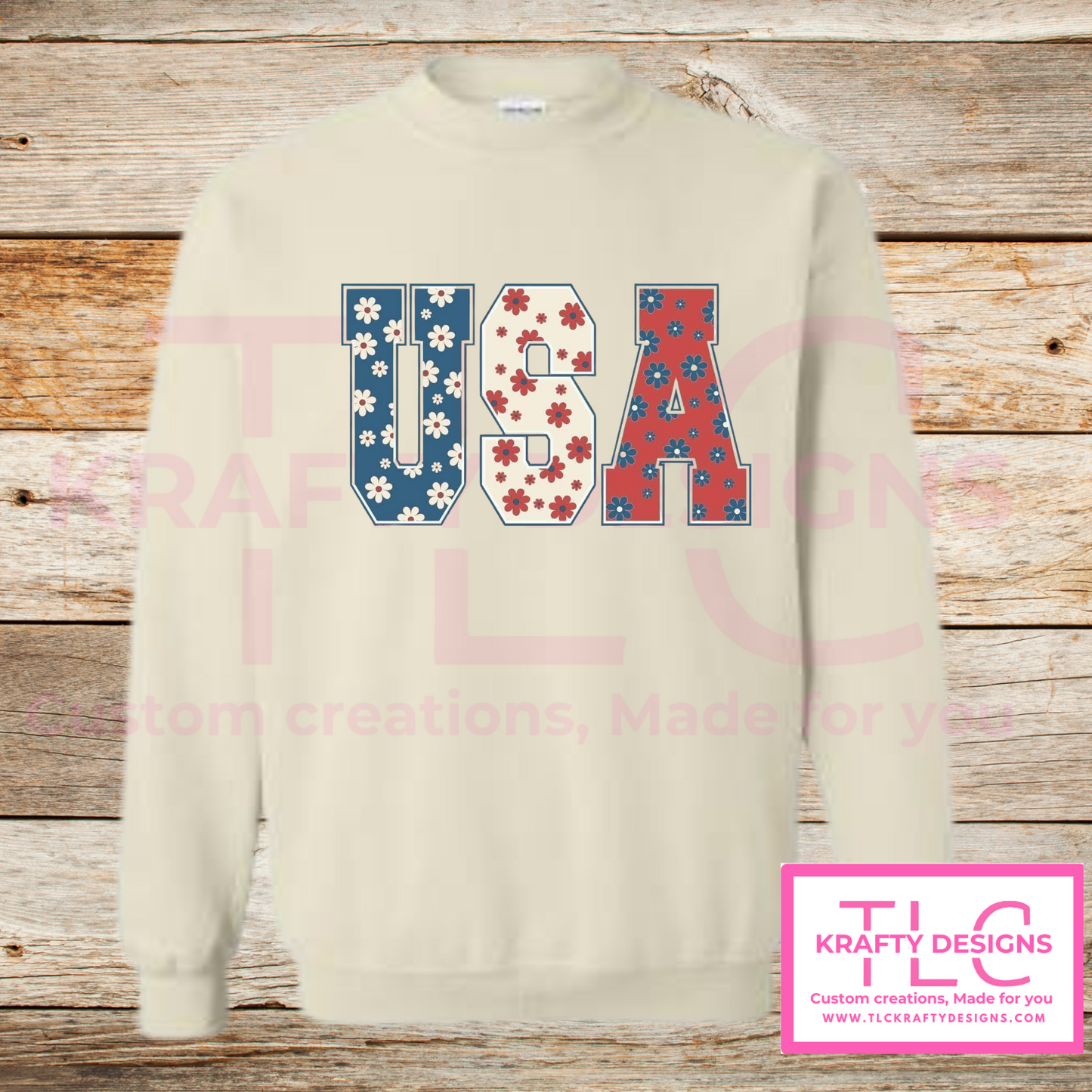 Floral USA Sweatshirt – Retro Patriotic Crewneck in Multiple Colors