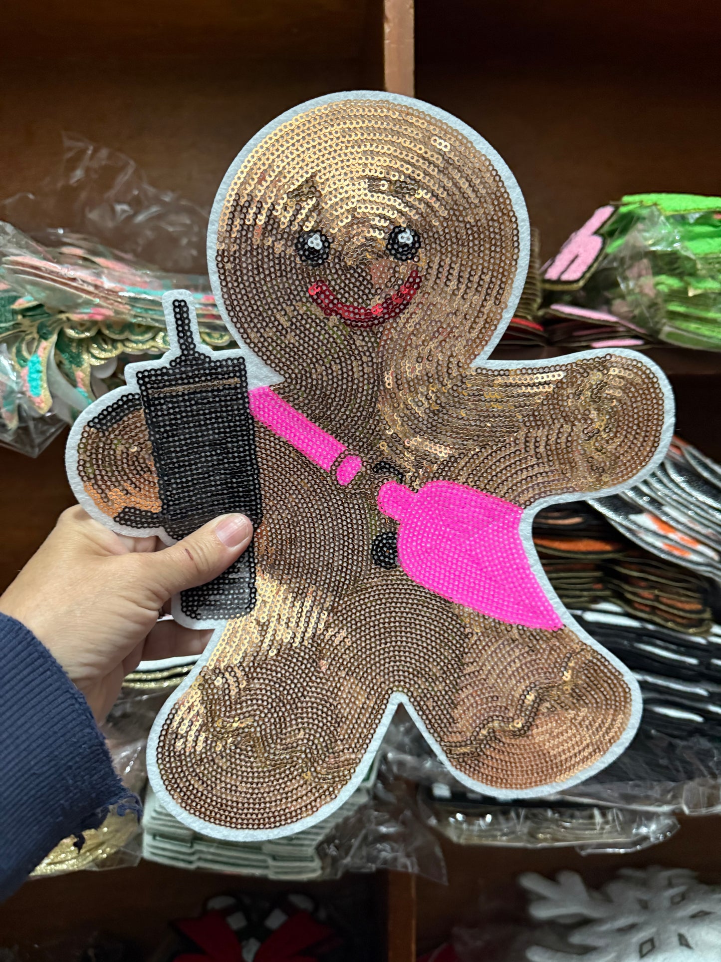 Gingerbread Girl XL Patch – Funny Holiday Iron-On Appliqué with Coffee Cup | Cute Christmas Patch for Sweatshirts, Hoodies & Totes