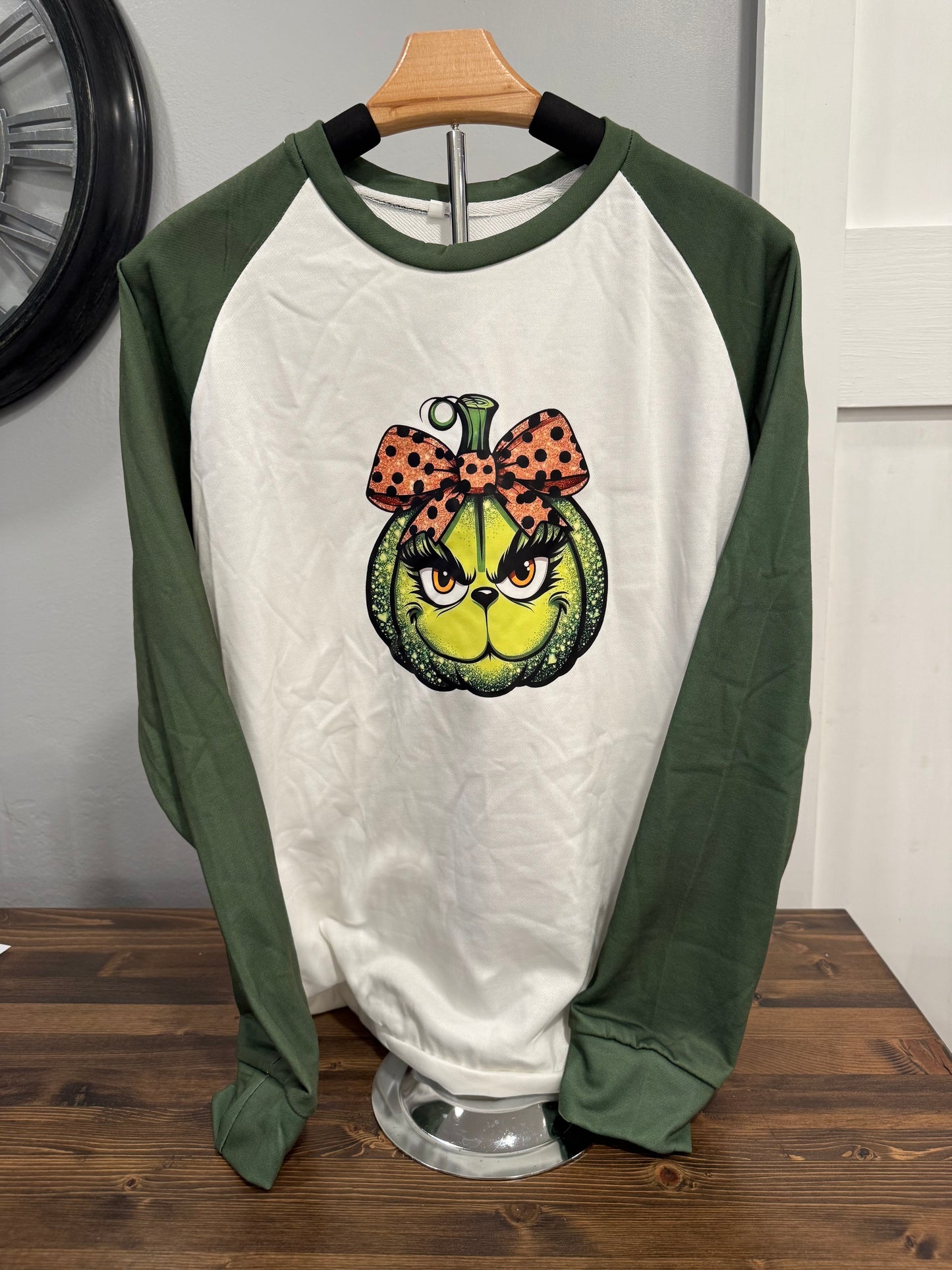Girl Grinch Ornament Raglan Top – Green Sleeve Christmas Top