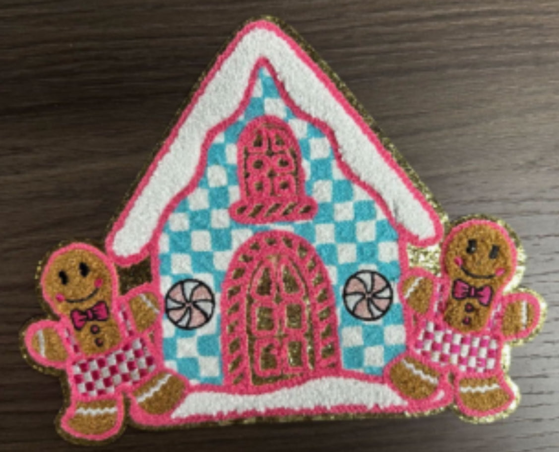 Gingerbread House Chenille Patch – Cute Christmas Applique with Gingerbread People, Candy Cottage Holiday Iron On or Sew On Patch Preorder