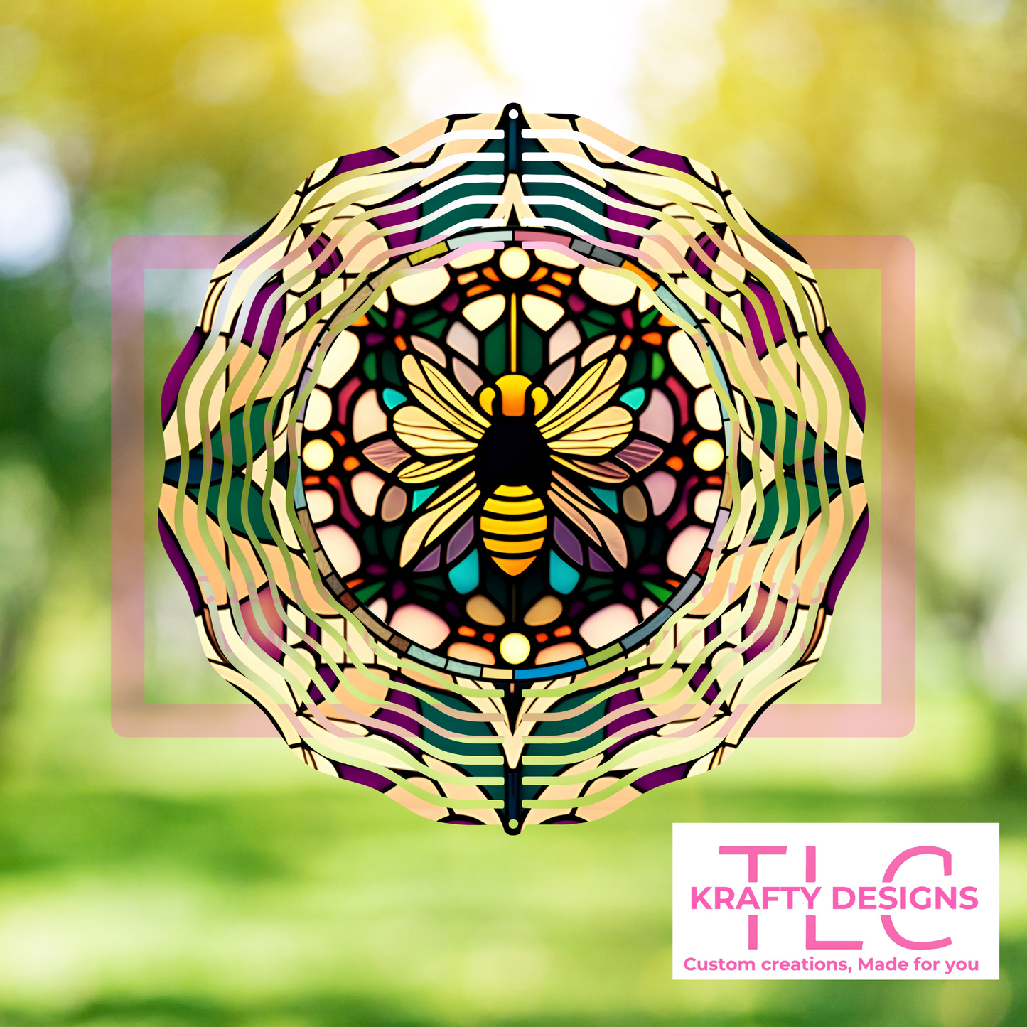 Bee Stained Glass looking 10” Wind Spinner – Double-Sided Sublimated Metal Garden Art
