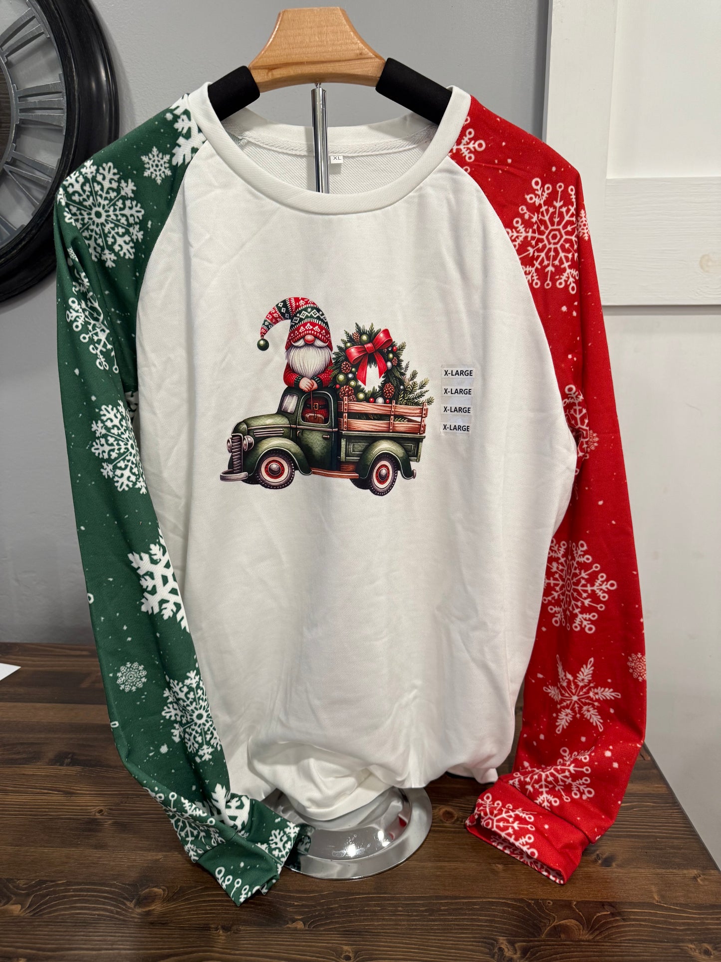 Gnome in Green Truck Christmas Raglan Top – Festive Mismatched Sleeve Top