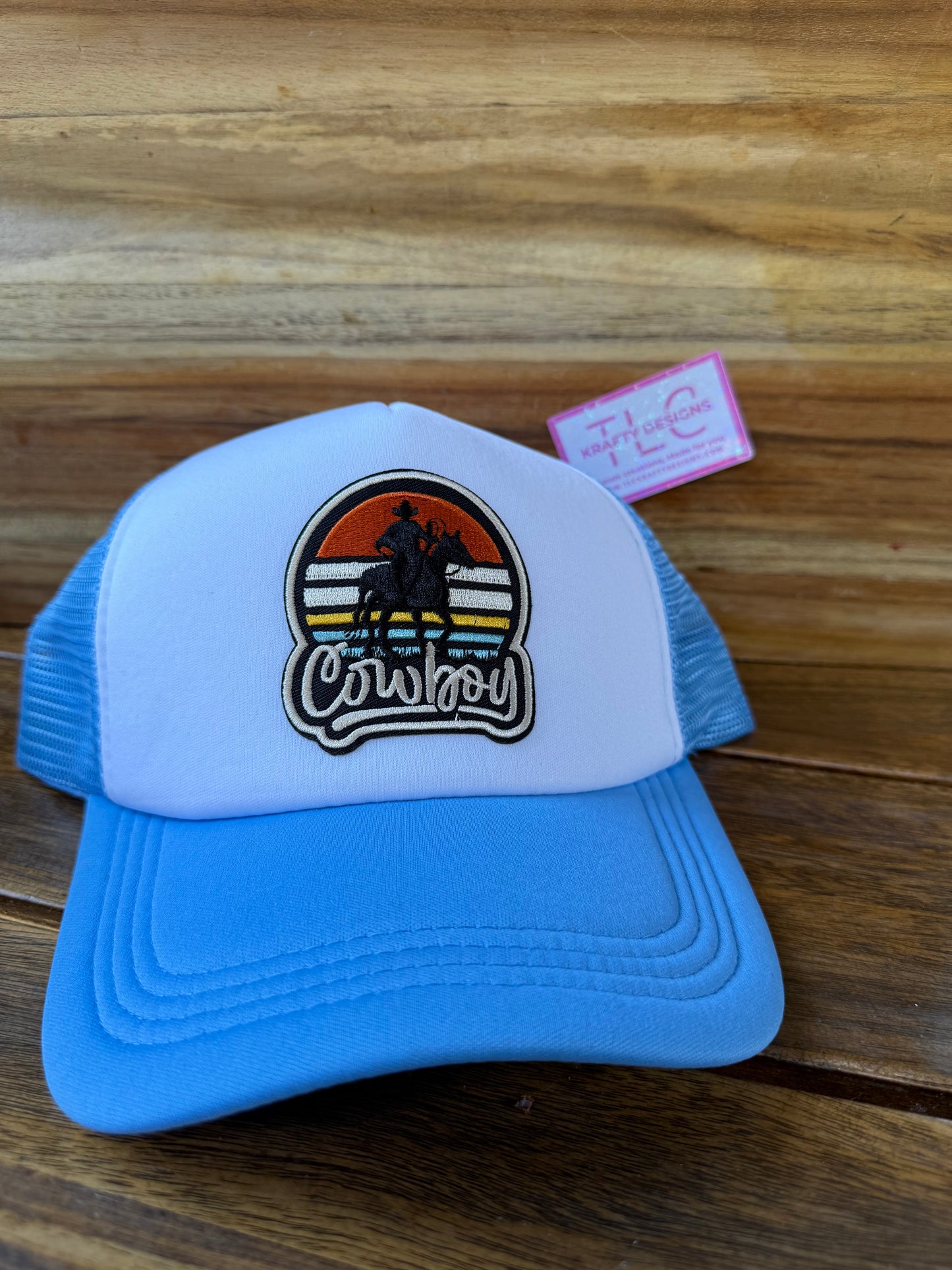 Cowboy Trucker Hat – Embroidered Sunset Patch on Blue and White Cap