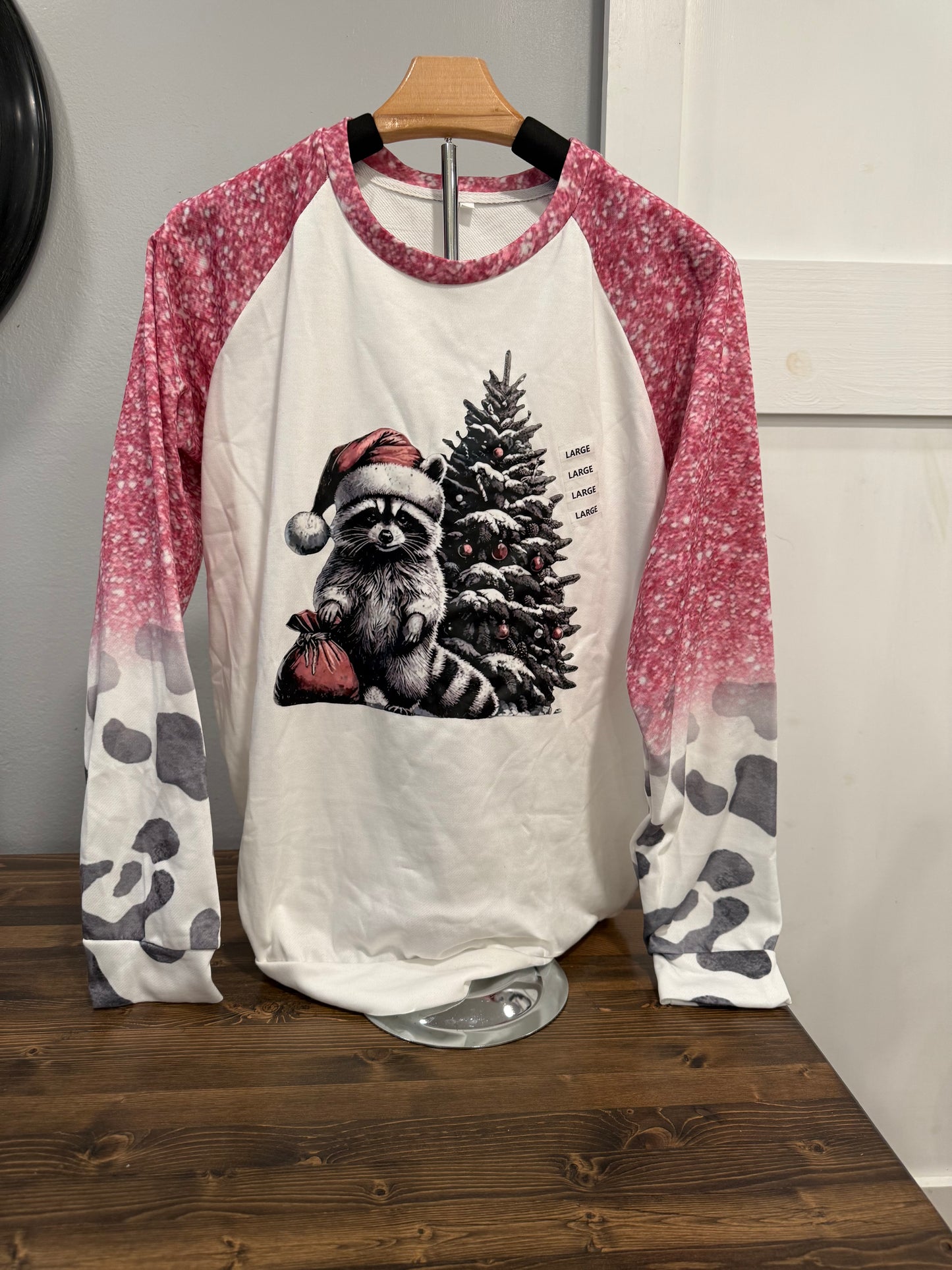 Christmas Raccoon Raglan Top – Pink Ombre Cow Print Holiday Top