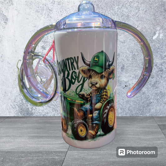 Country Boy Cow Riding a Tractor 12 oz Kids Sippy or Flip Cup