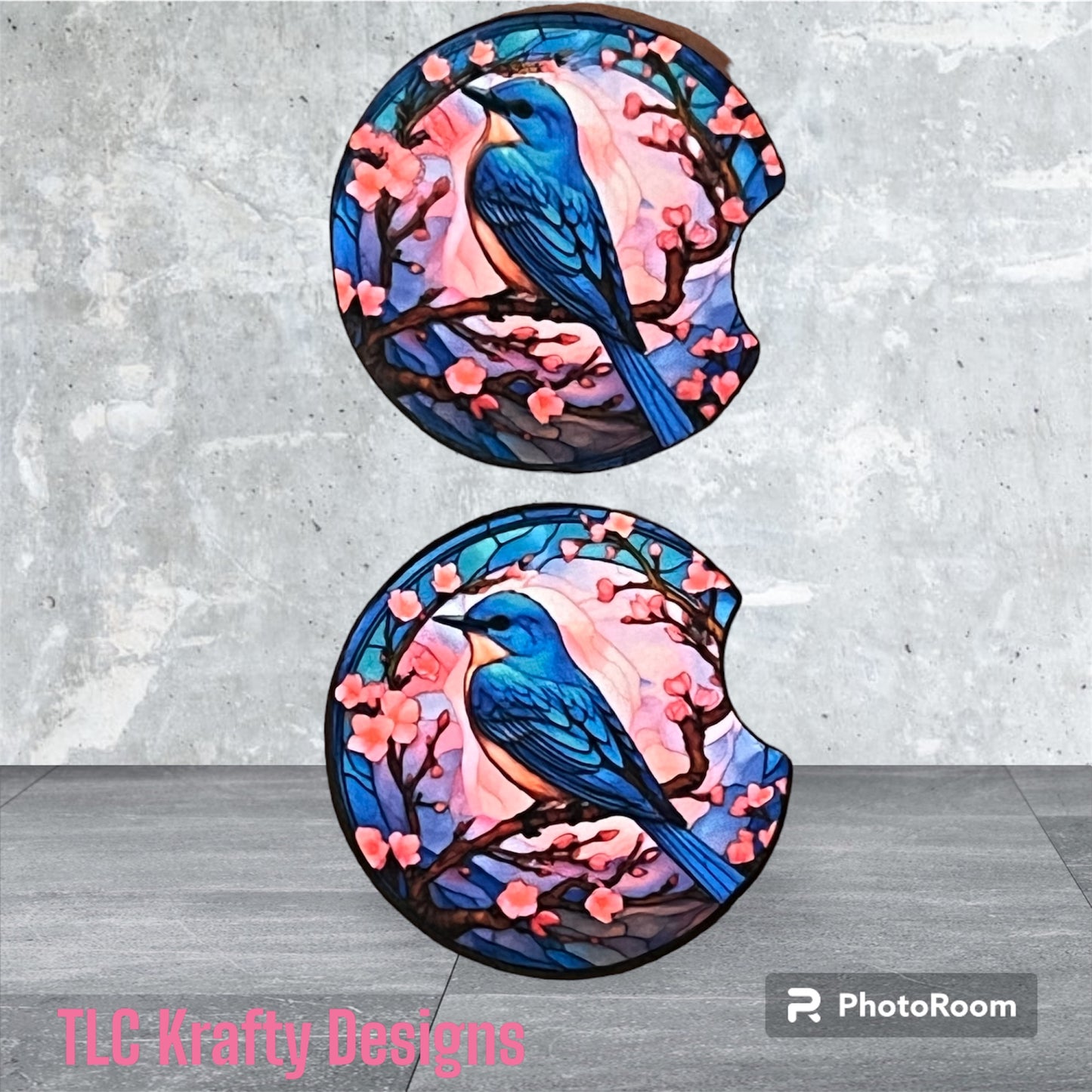 Blue Robin with Peach tree flowers Sublimation 2.75" Car Coasters