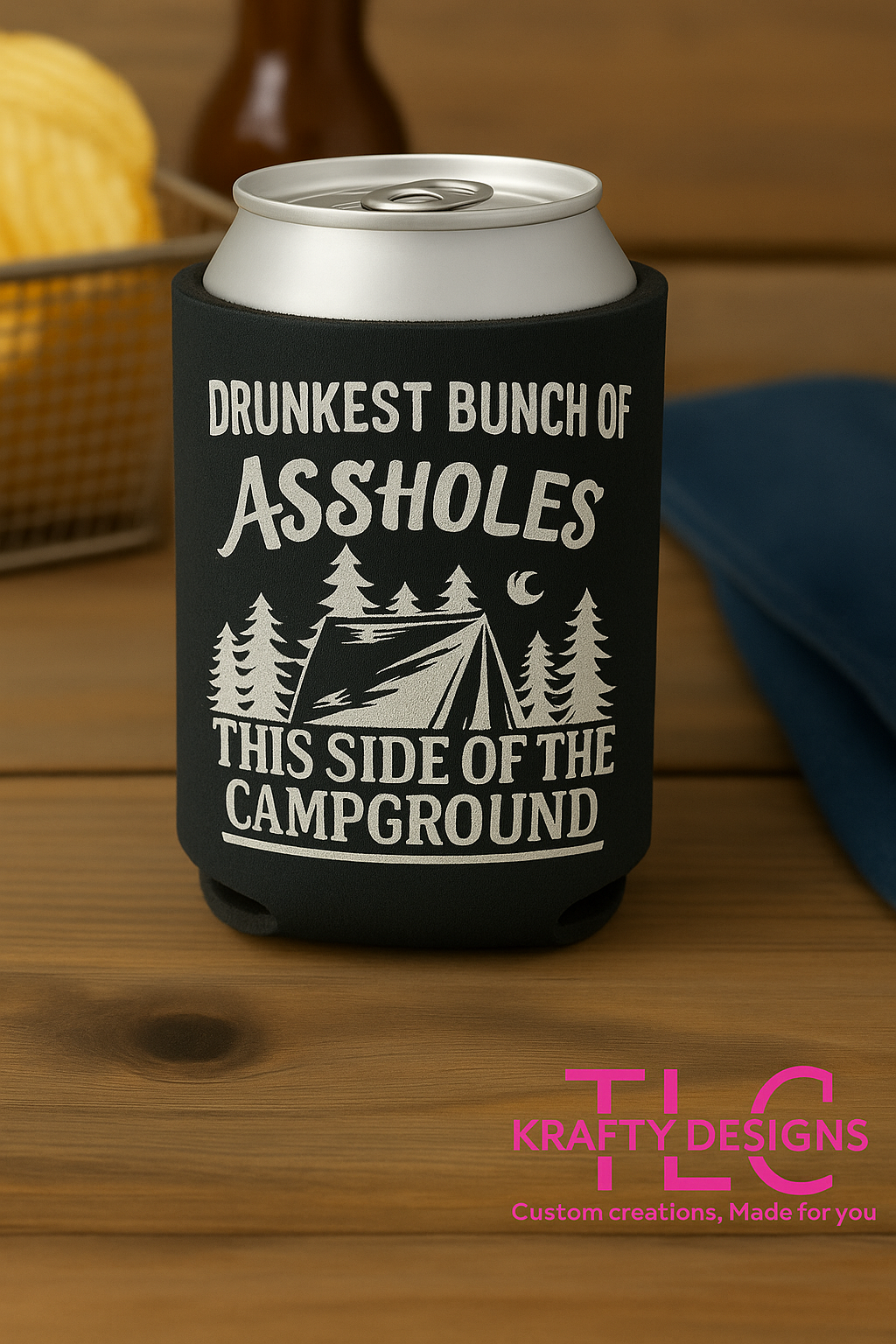 Funny Camping Koozie – Drunkest Bunch of A$sholes Can Cooler – Campfire Drink Sleeve – RV Gift – Outdoor Party Favor