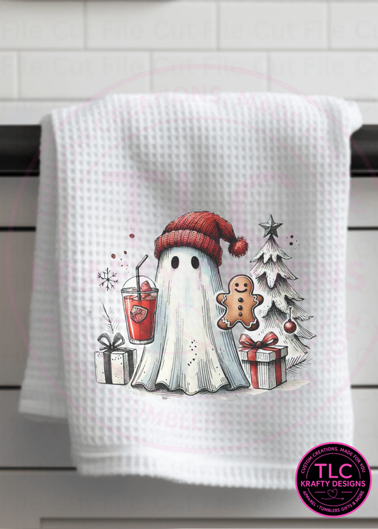 Ghost Christmas Towel – Cute Holiday Ghost with Gingerbread & Gifts Kitchen Decor 🎄👻🍪