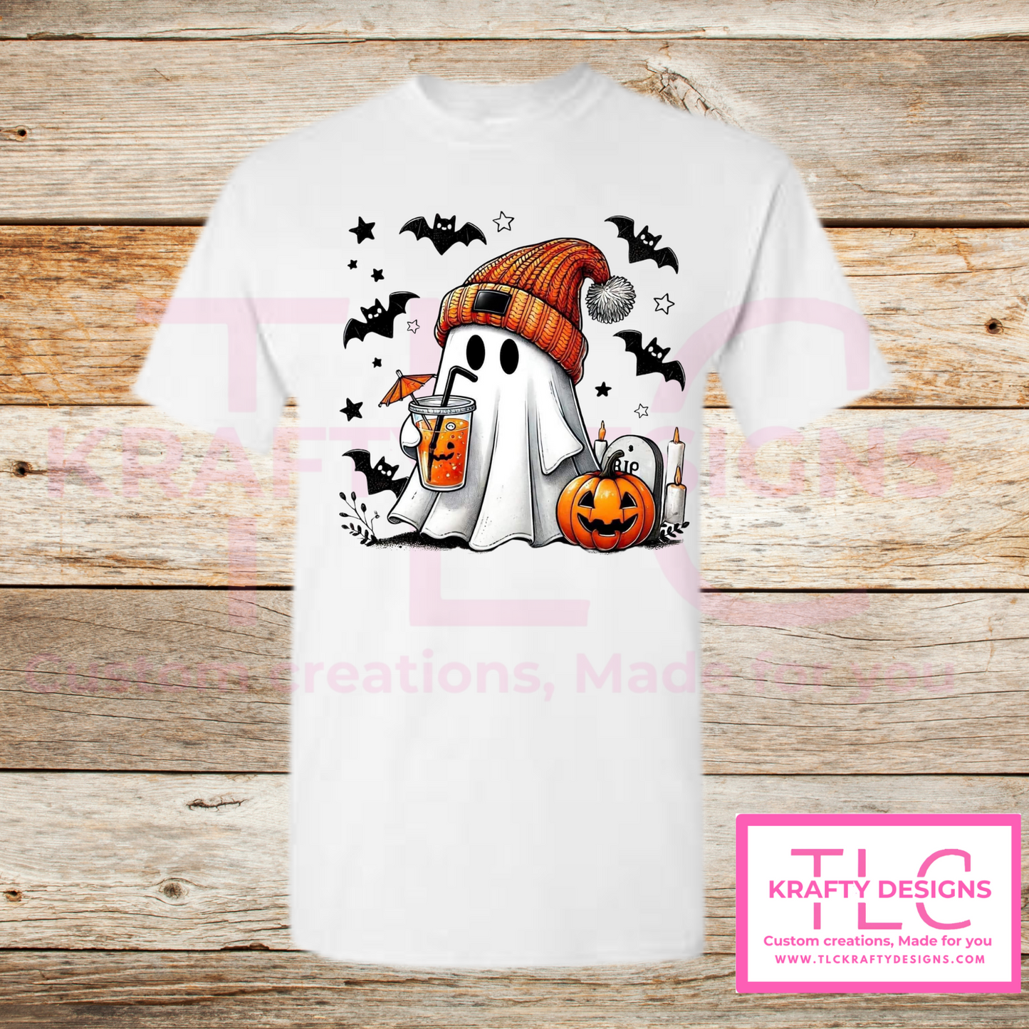 Cozy Ghost Halloween Tee – Fall Drink & Pumpkin Shirt in Fun Colors