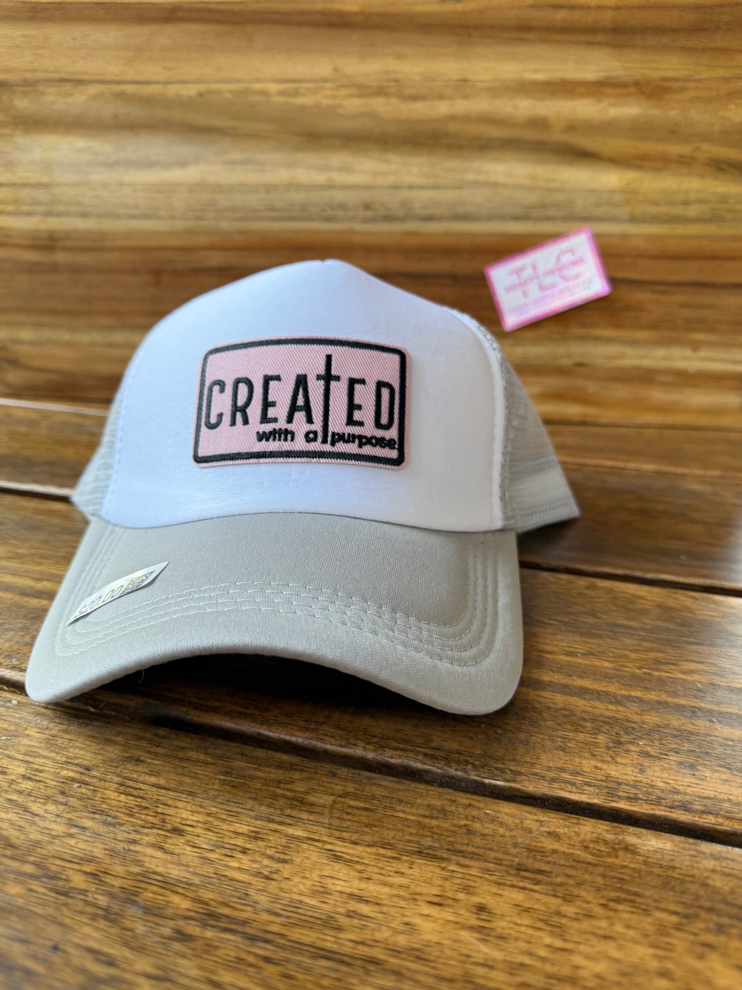 Tan & White Trucker Hat – “Created with a Purpose” Faith Patch Design