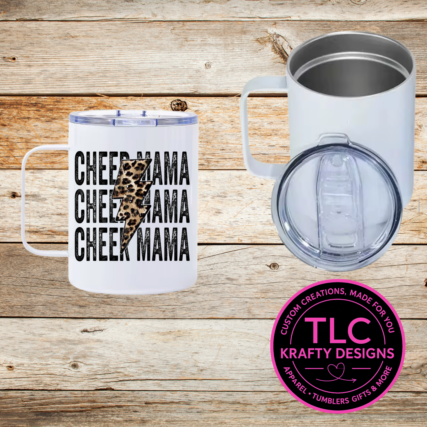 Cheer Mama Mug – 12oz Travel Mug with Lid, Leopard Lightning Coffee Cup