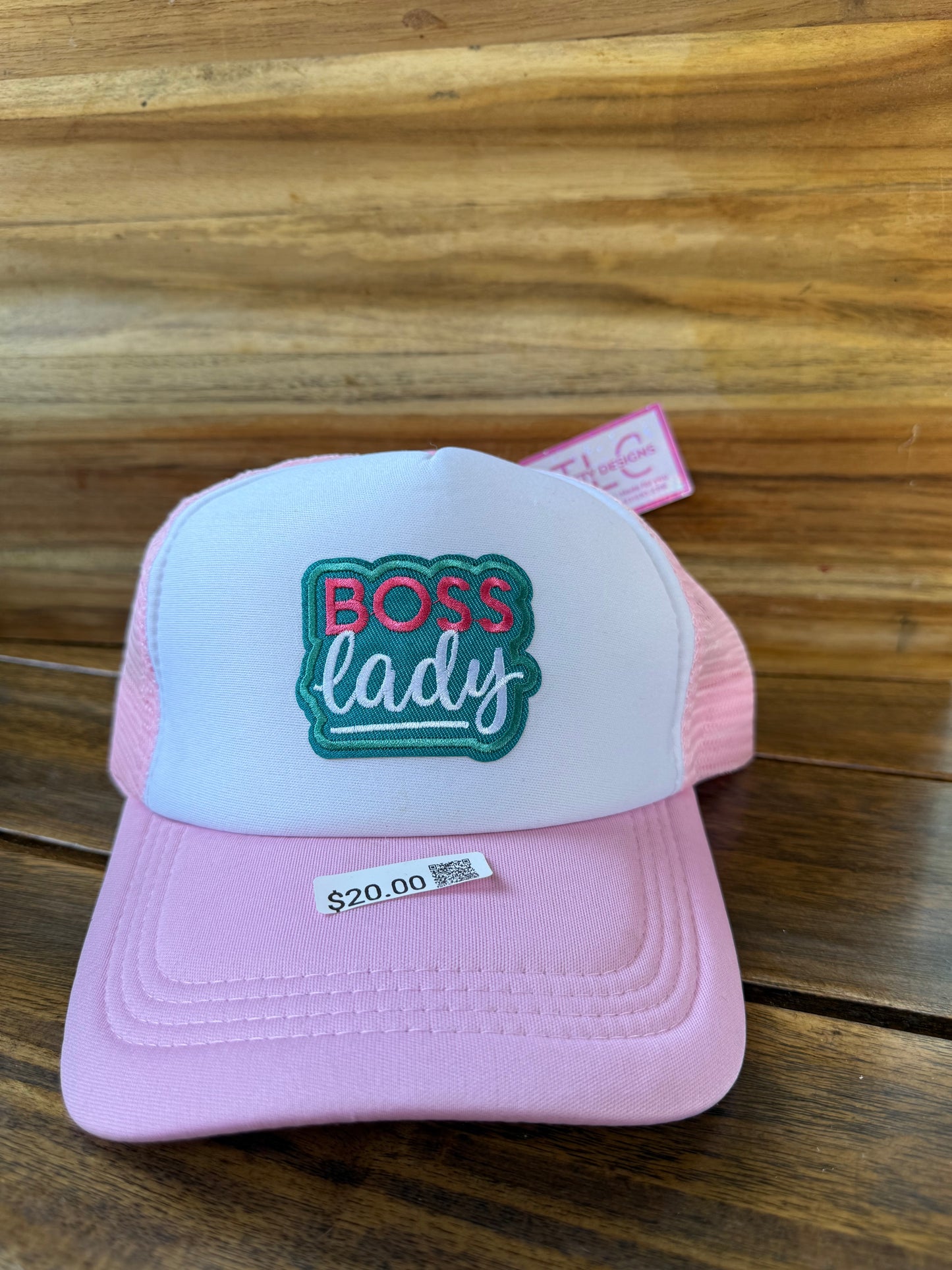Boss Lady Trucker Hat – Pink and White Hat with Embroidered Patch Design