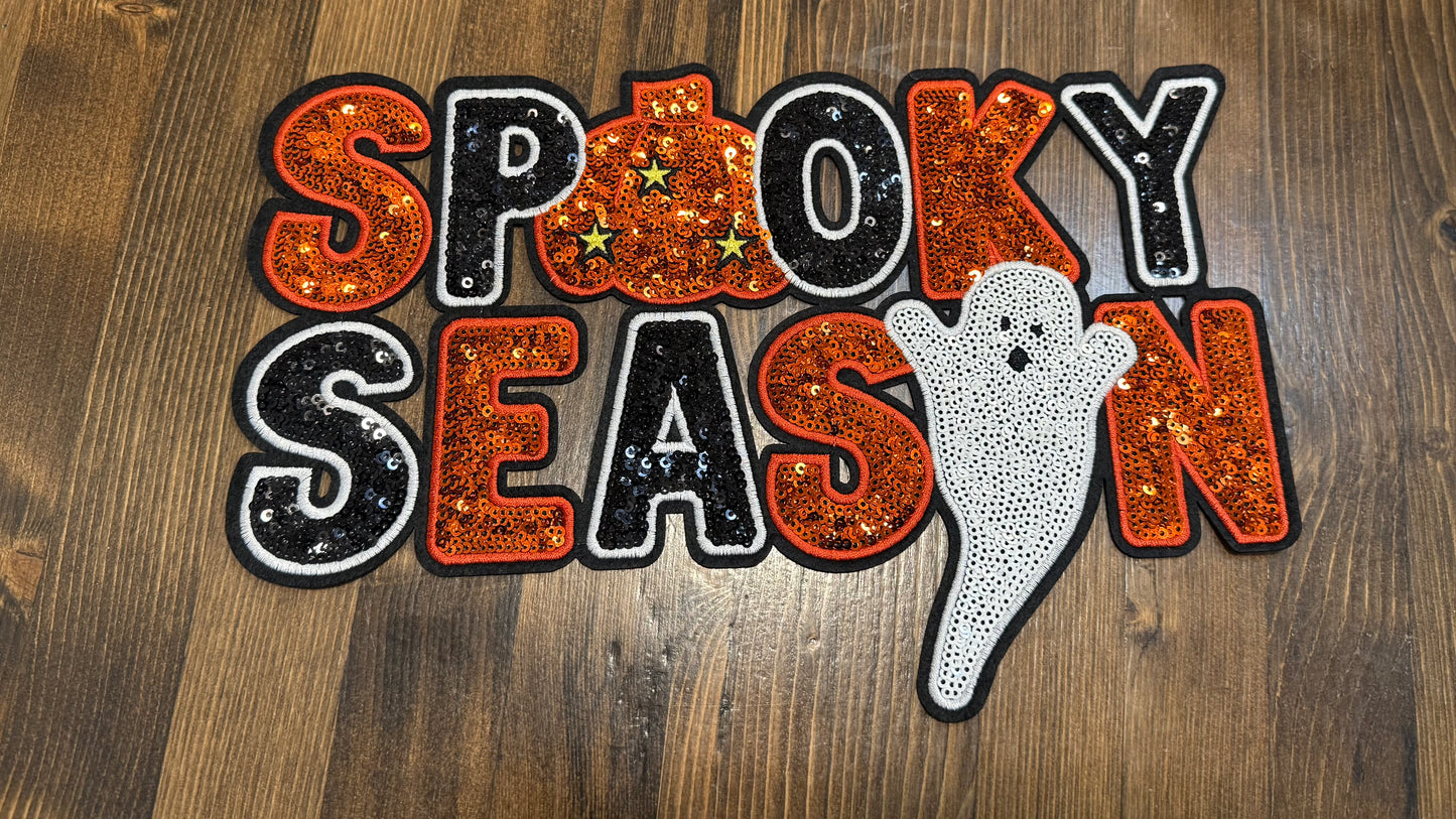 Spooky Season Patch – 10” Extra Large Halloween Sequin Iron-On Patch with Ghost, Pumpkin, and Stars
